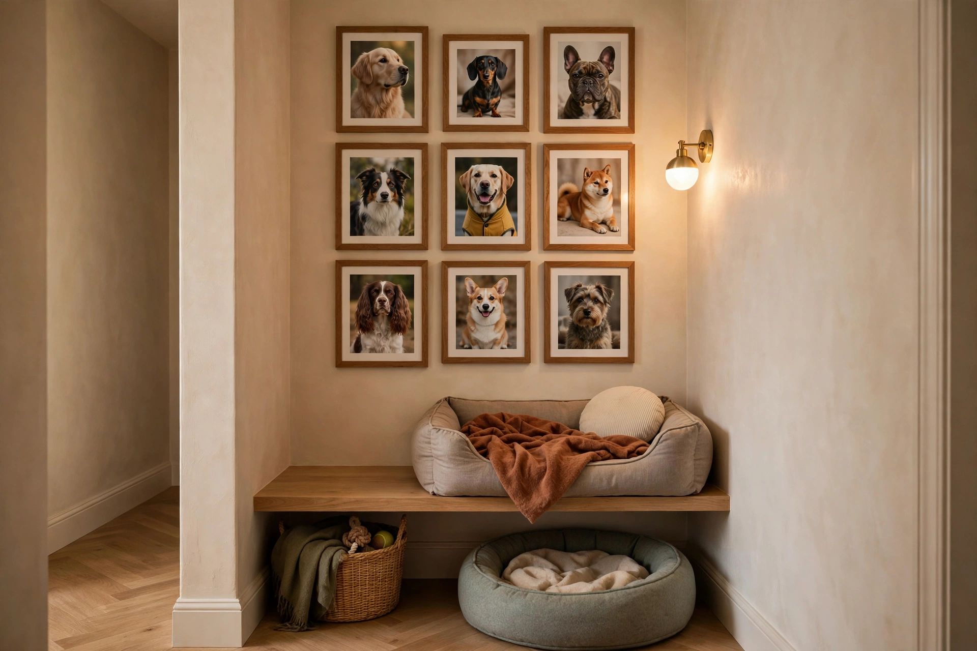 Hallway end nook with gallery wall of dog photos, bench bed, and decorative lighting