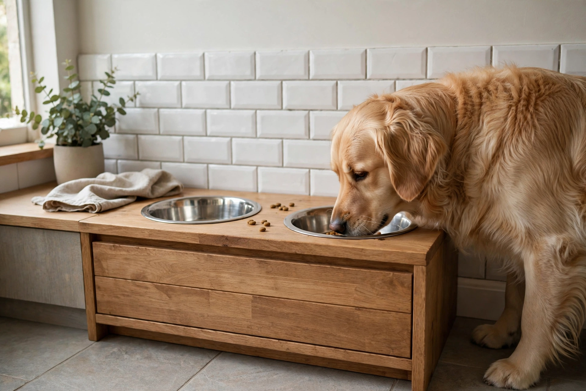 Kitchen feeding station with built-in raised bowls, tile backsplash, and storage drawer