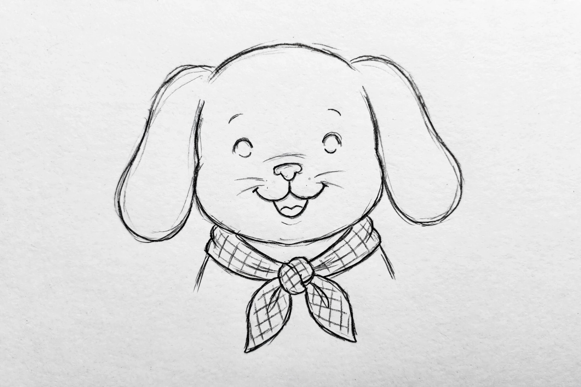 Pencil sketch of a smiling puppy wearing a knotted bandana