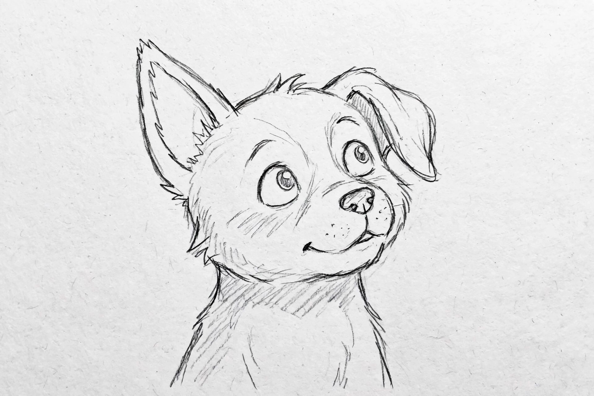 Pencil sketch of a puppy tilting its head with a curious expression