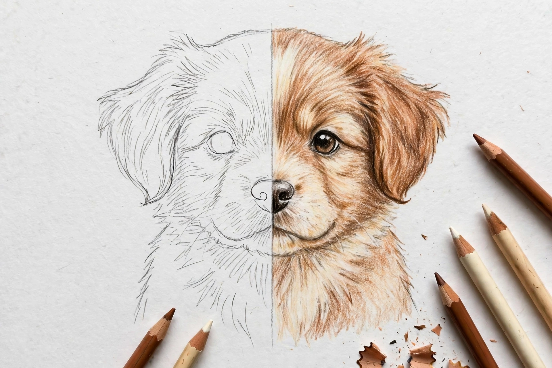 Pencil sketch of a puppy half colored with colored pencils