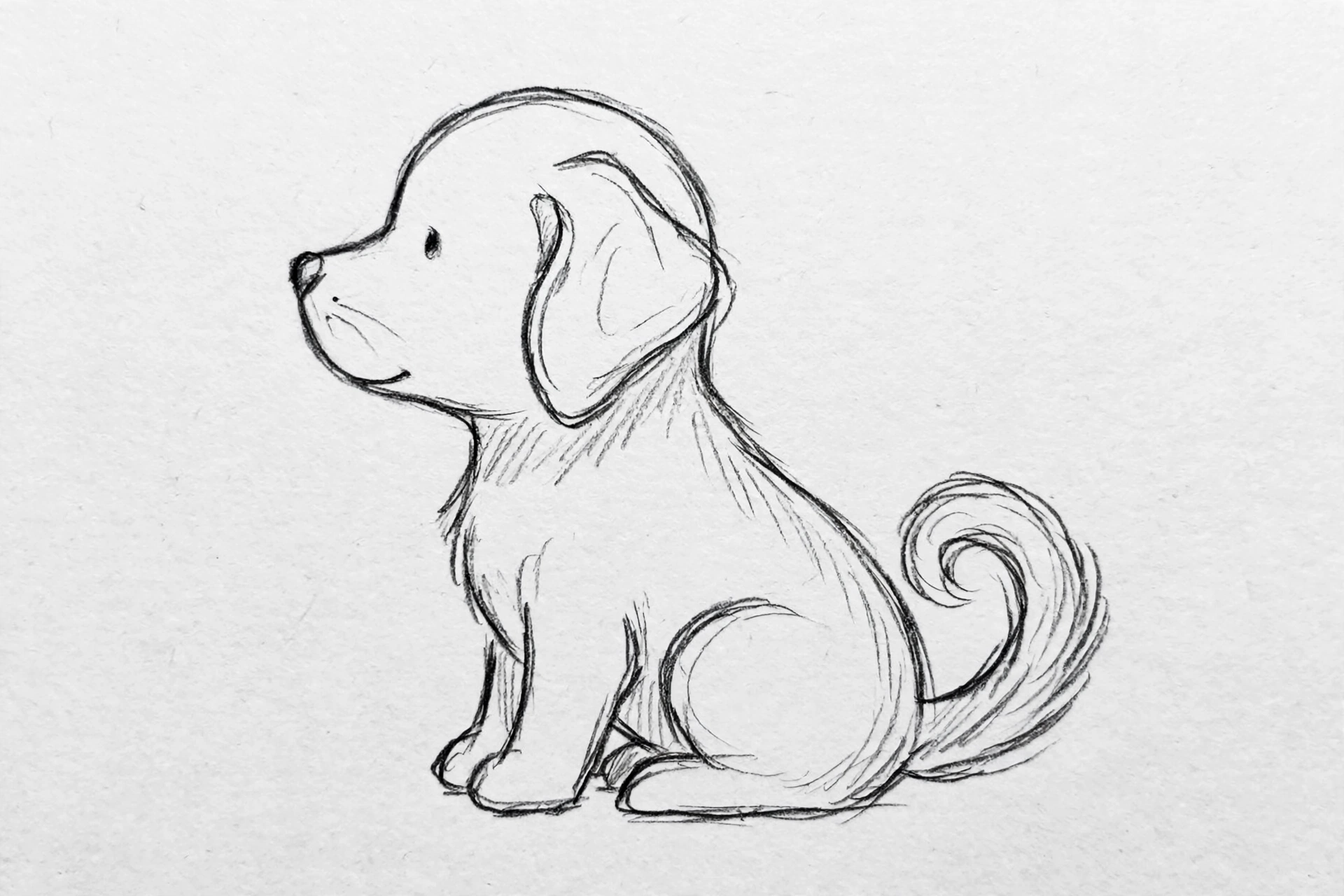 Pencil sketch of a puppy sitting in profile view facing left
