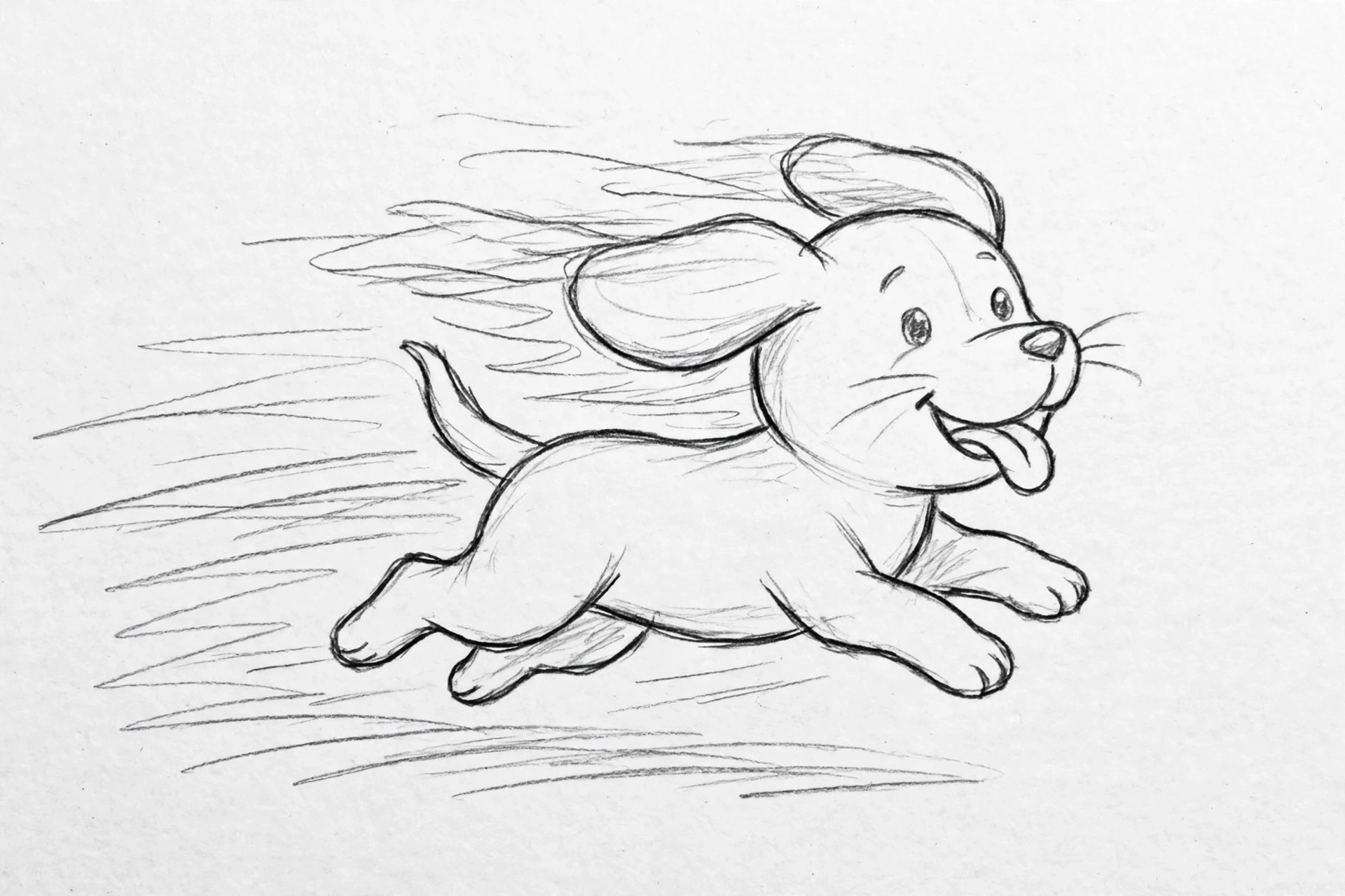 Pencil sketch of a happy puppy running fast with motion lines