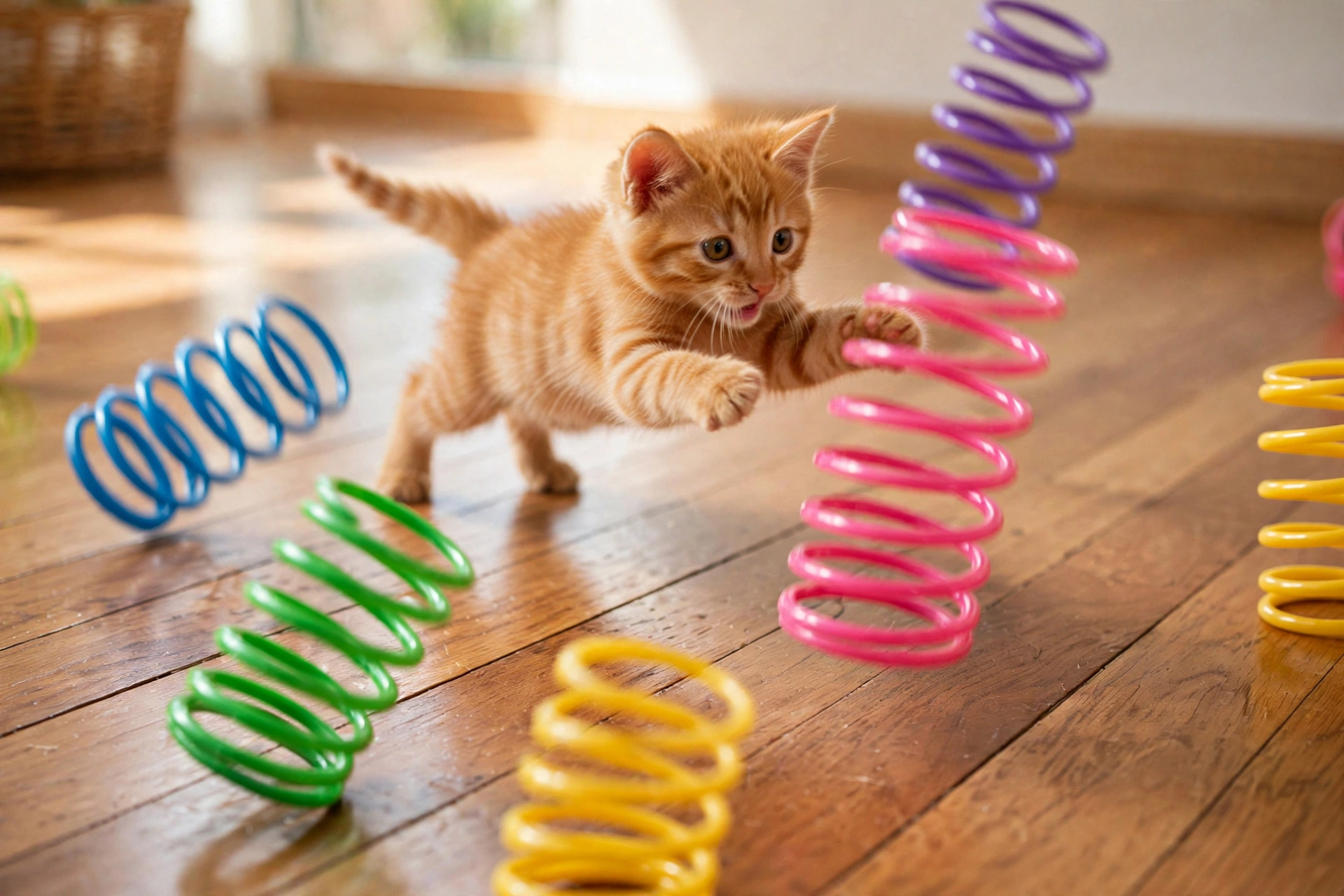 Orange kitten chasing colorful plastic coil spring cat toys on a hardwood floor