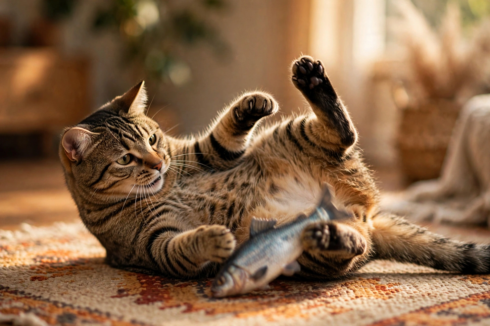 Tabby cat wrestling a realistic flopping fish cat toy on a rug