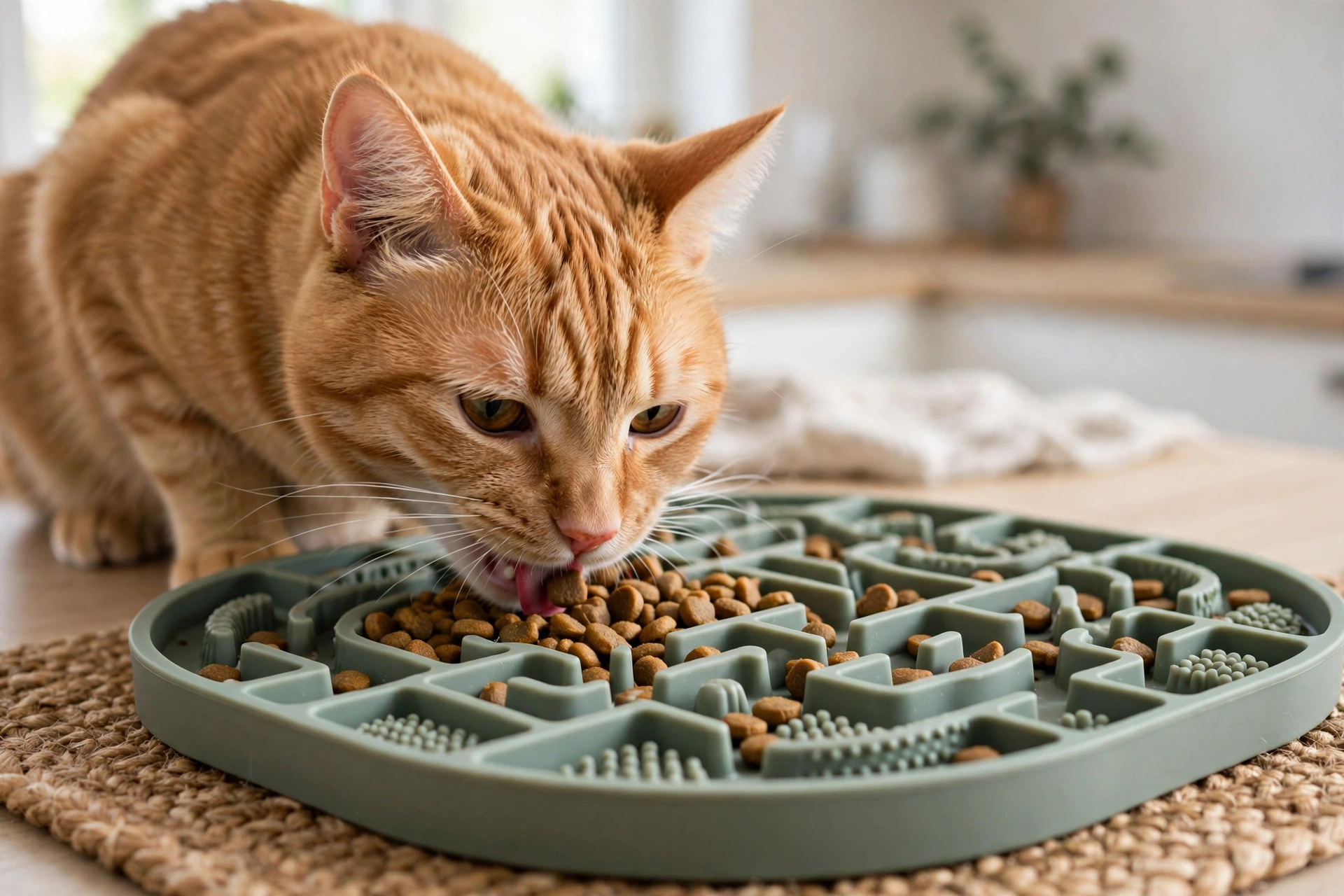 Ginger cat eating from a slow feeder maze bowl with kibble in textured compartments