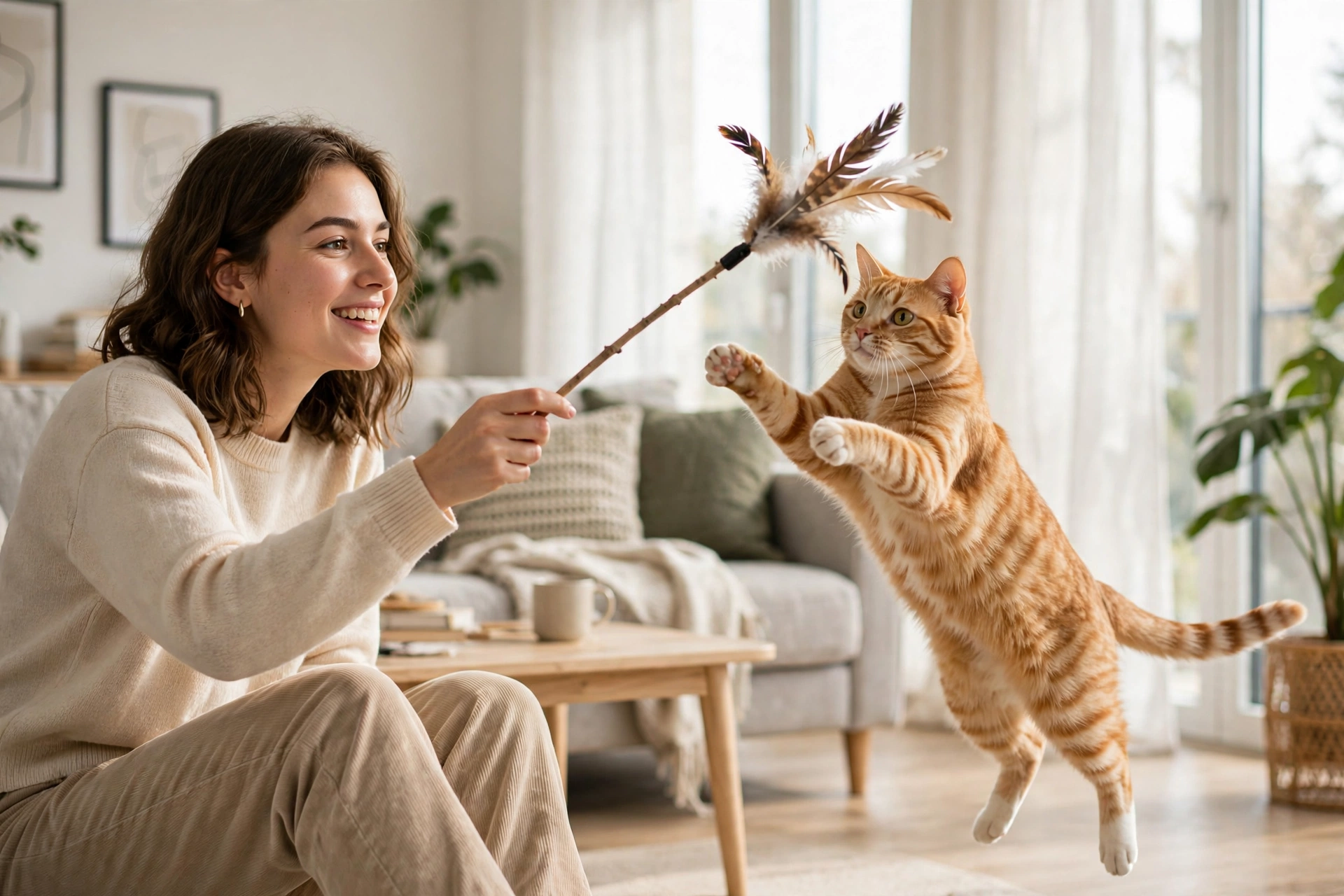 Cat leaping mid-air to catch a feather wand toy in a bright living room