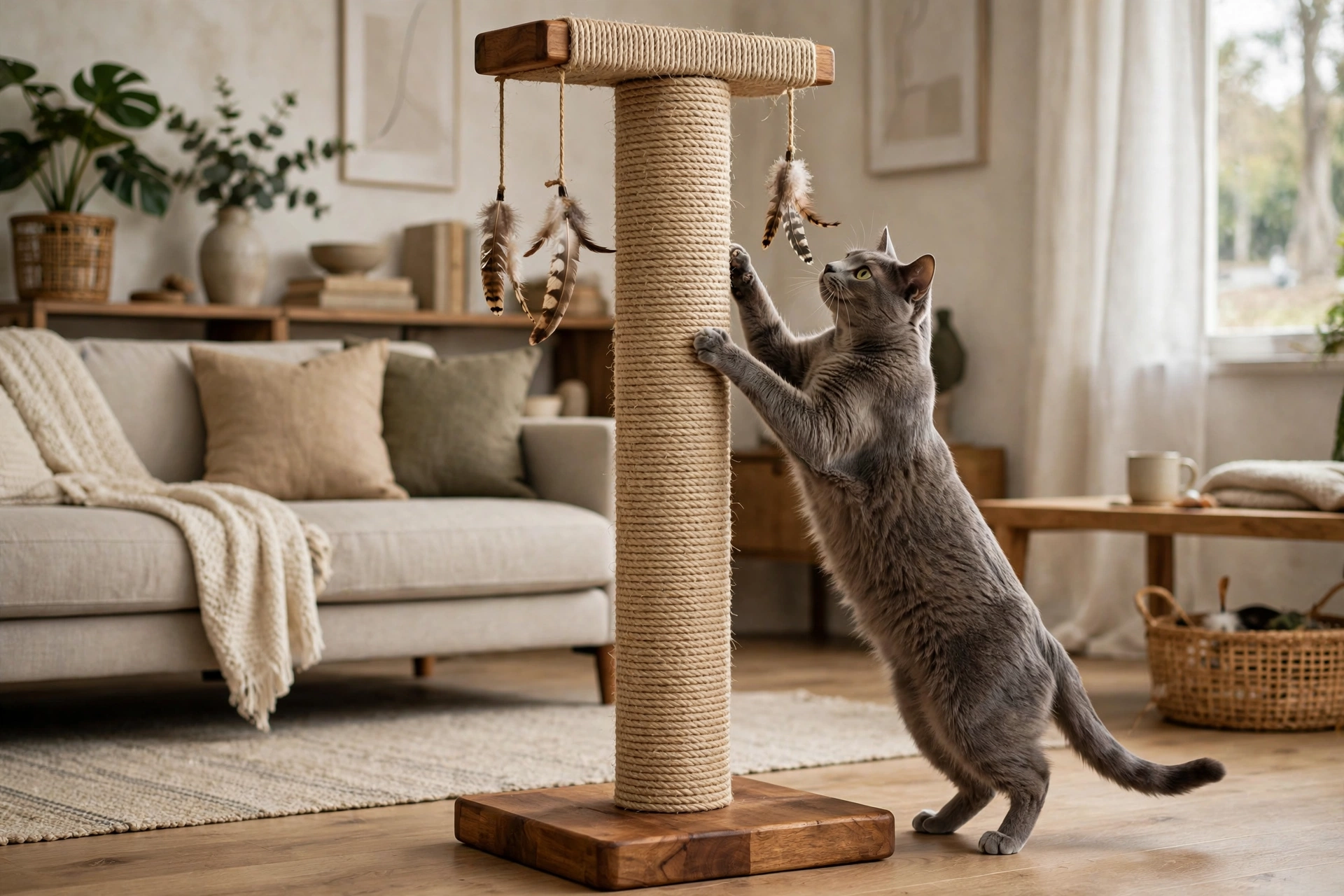 Gray cat stretching up a tall sisal rope scratching post with a wooden base