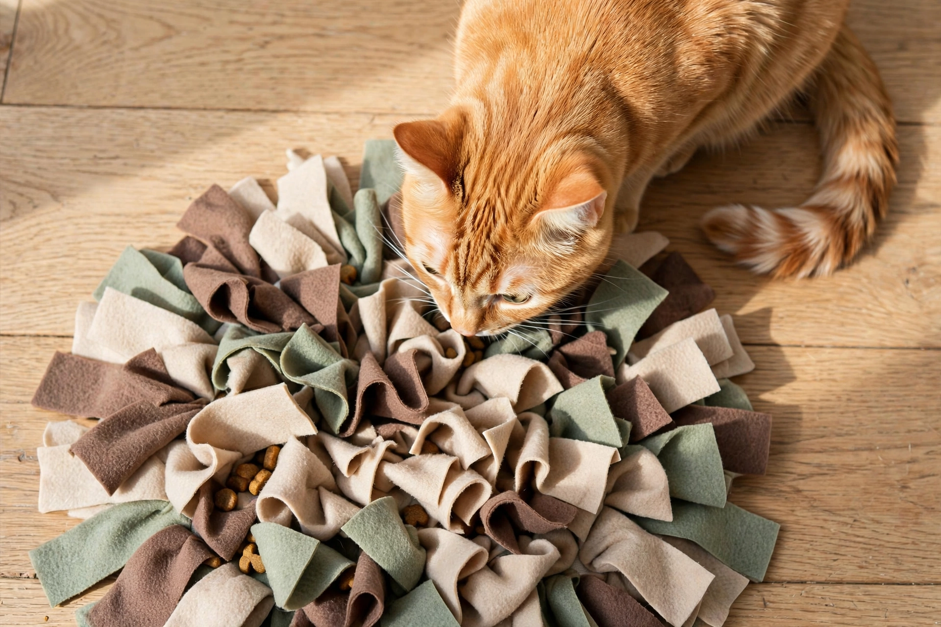 Orange cat sniffing through a snuffle foraging mat looking for hidden treats