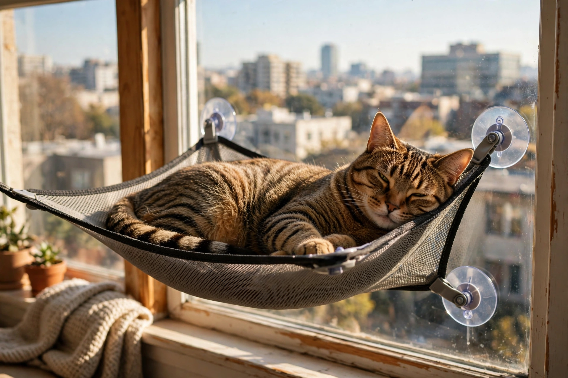Tabby cat sunbathing in a window perch hammock attached to a sunny window
