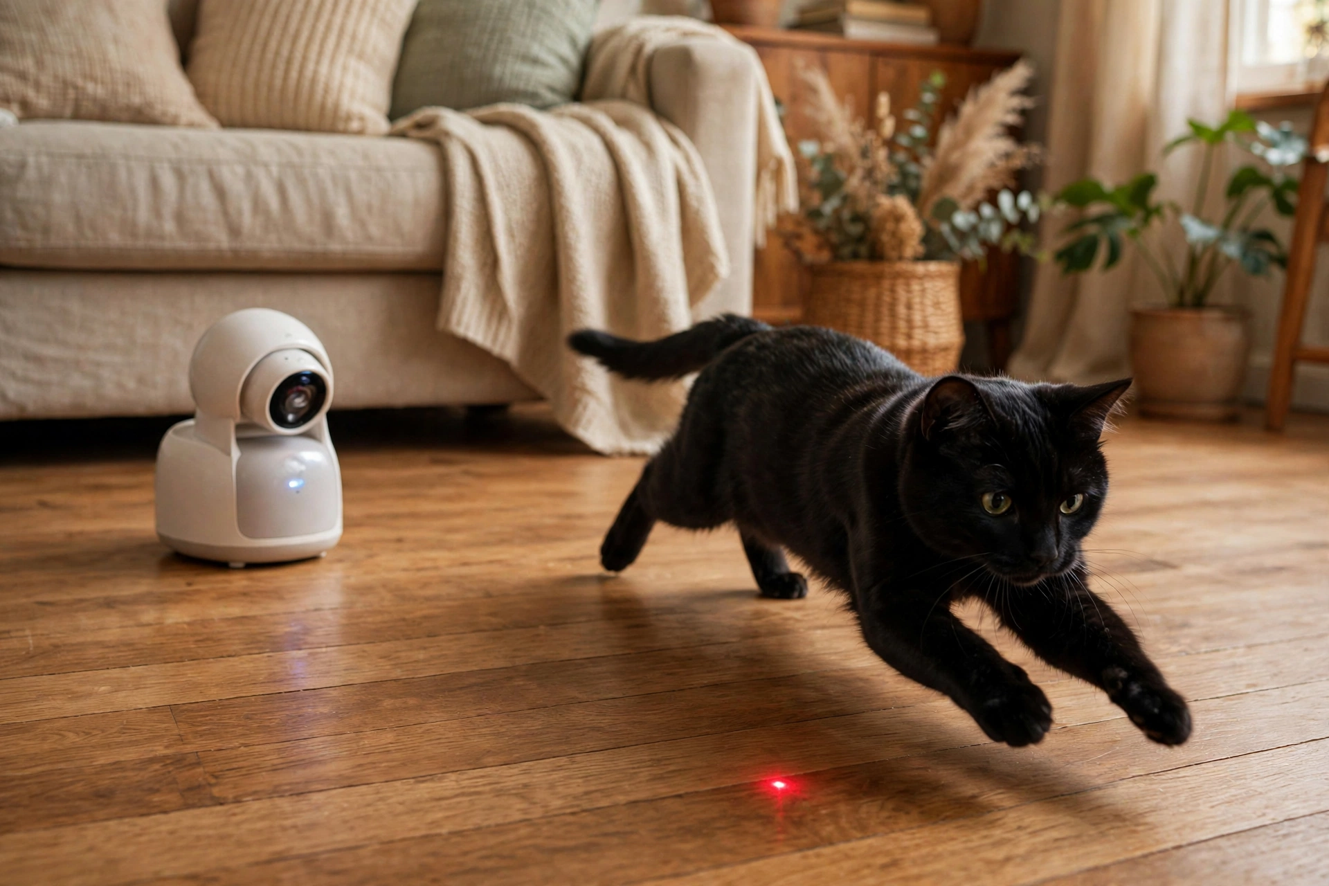 Black cat pouncing after the red dot of an automatic laser cat toy