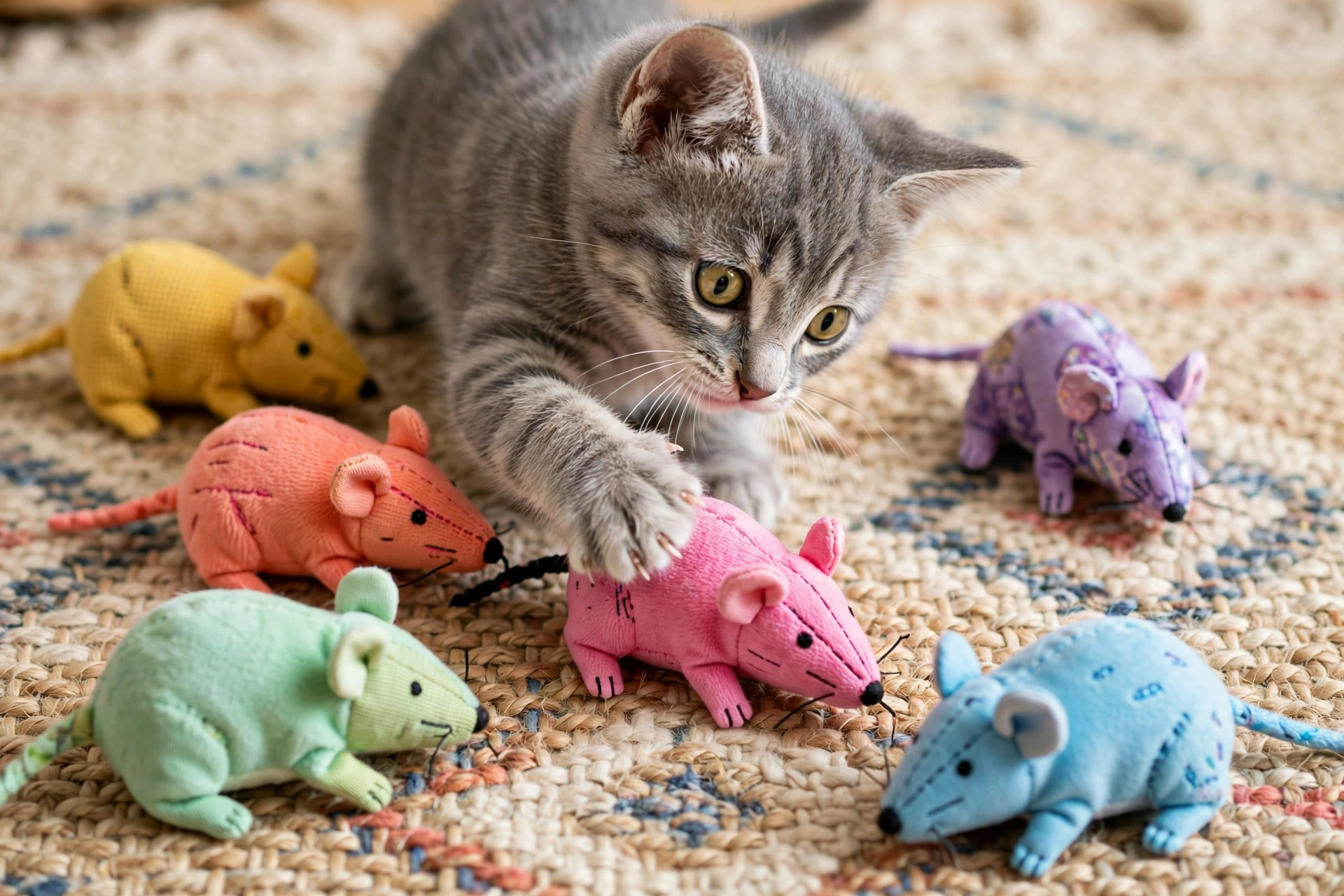Playful kitten batting a colorful plush catnip mouse toy on a rug