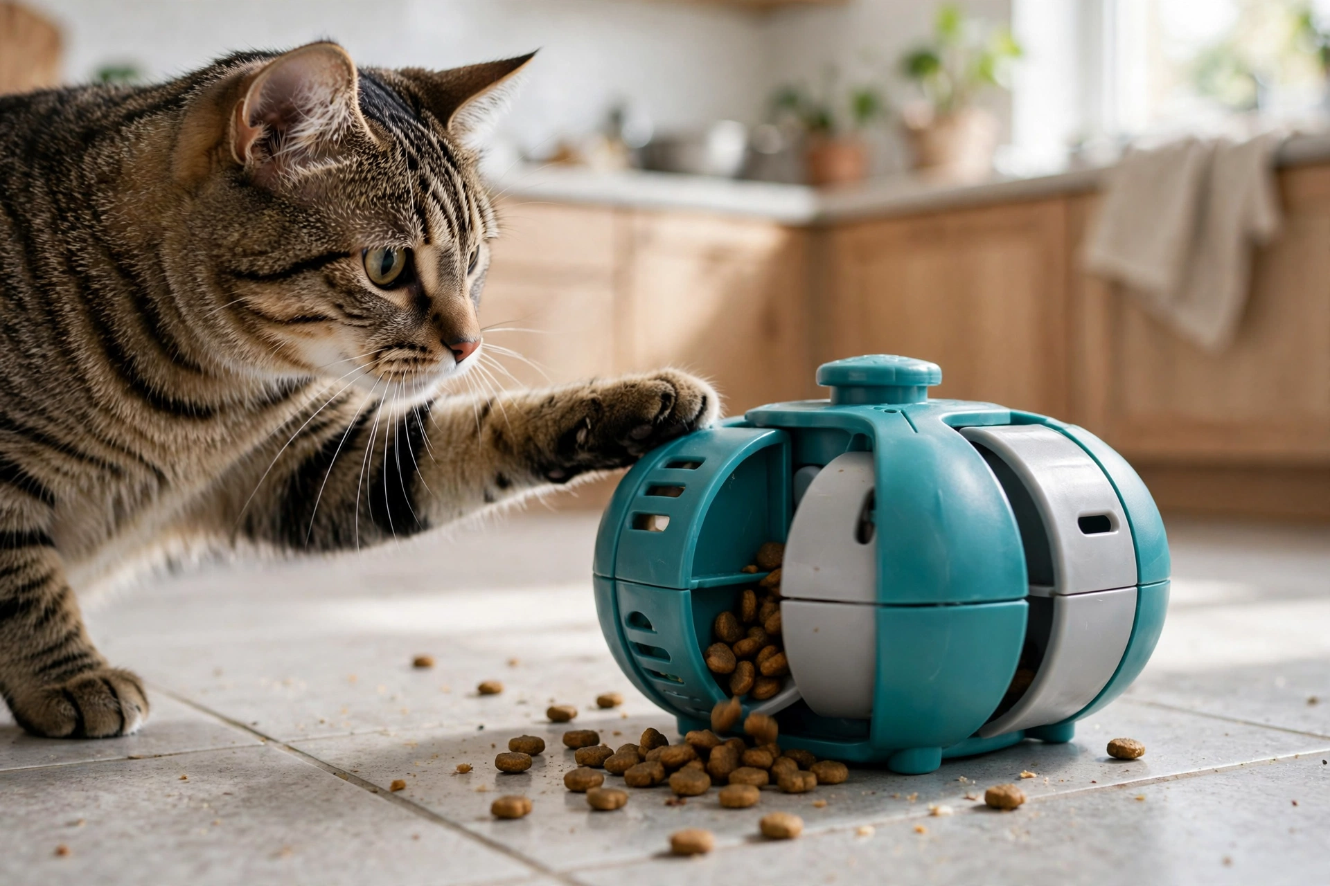 Tabby cat pawing at a treat puzzle feeder toy to release kibble