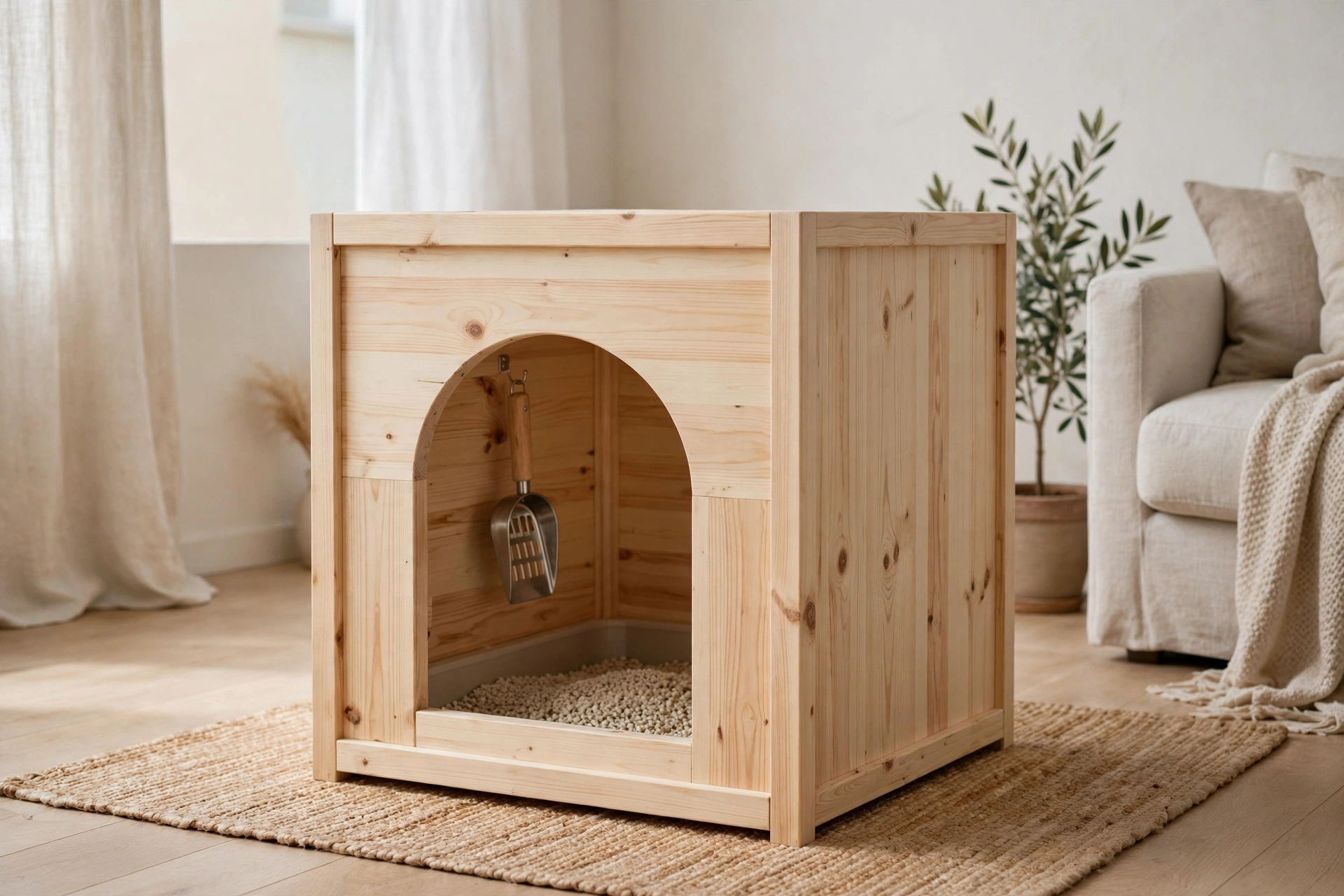 Light pine wooden cube enclosure hiding a cat litter box in a minimalist living room