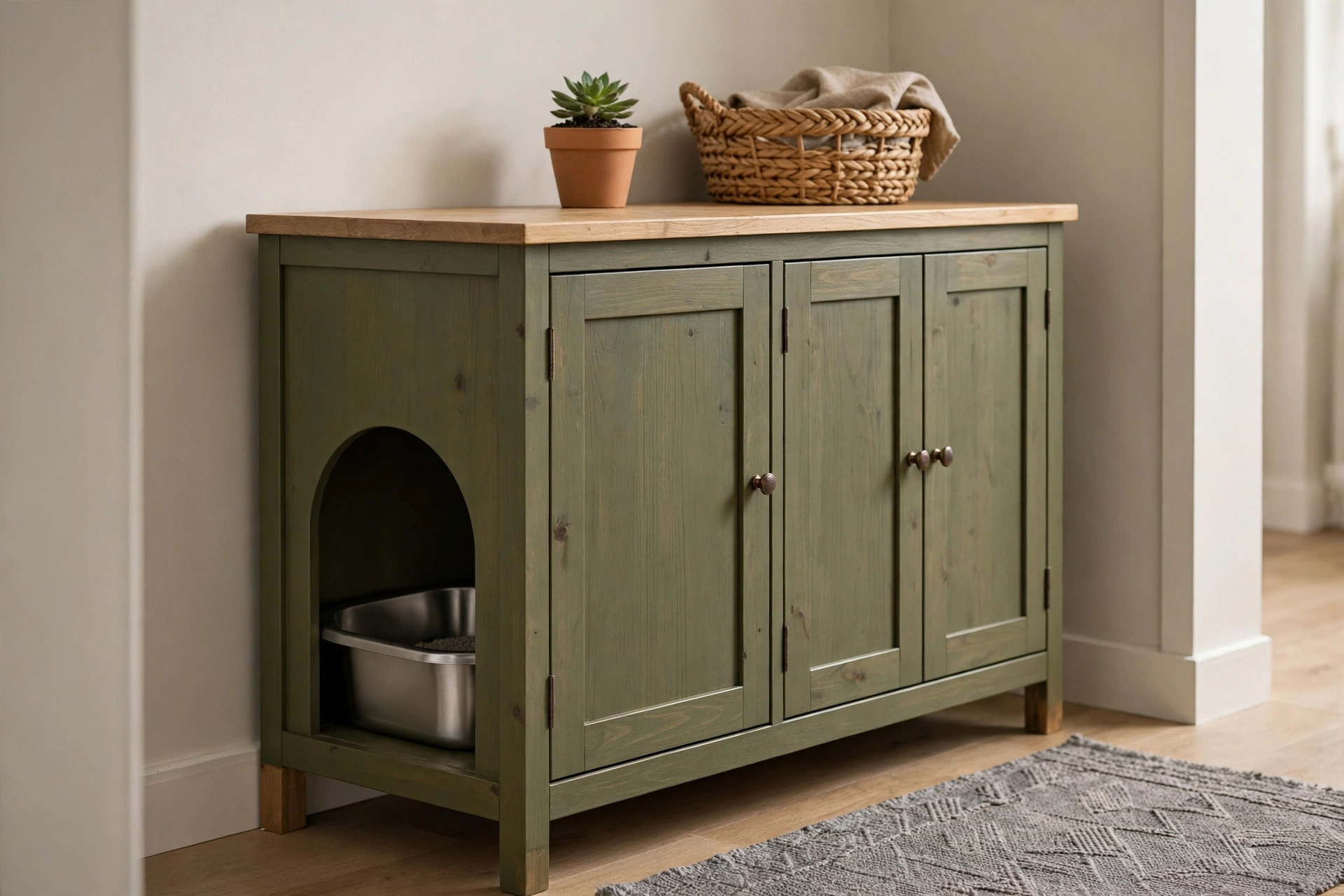Olive green hallway vanity cabinet with side cat entry hiding a stainless steel litter box