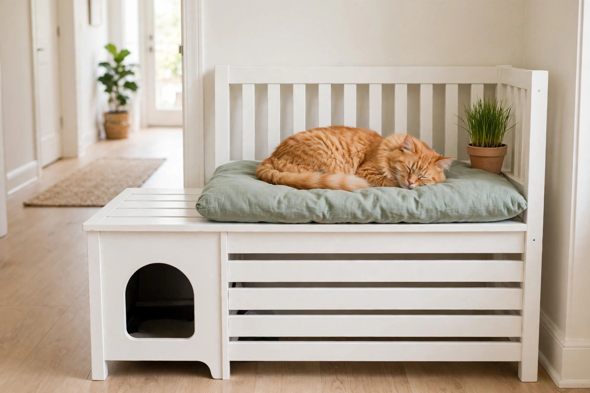 White wooden bench with side cat entrance and sage cushion where a cat naps