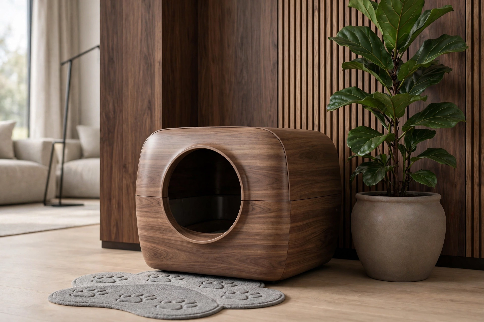 Wood-grain automatic self-cleaning cat litter box with round entry in a modern room