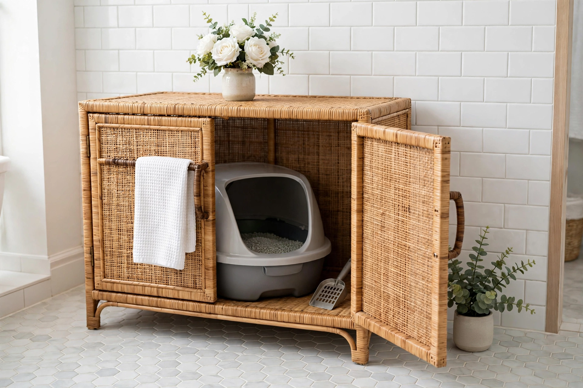 Wicker rattan cabinet hiding a cat litter box styled in a bright bathroom