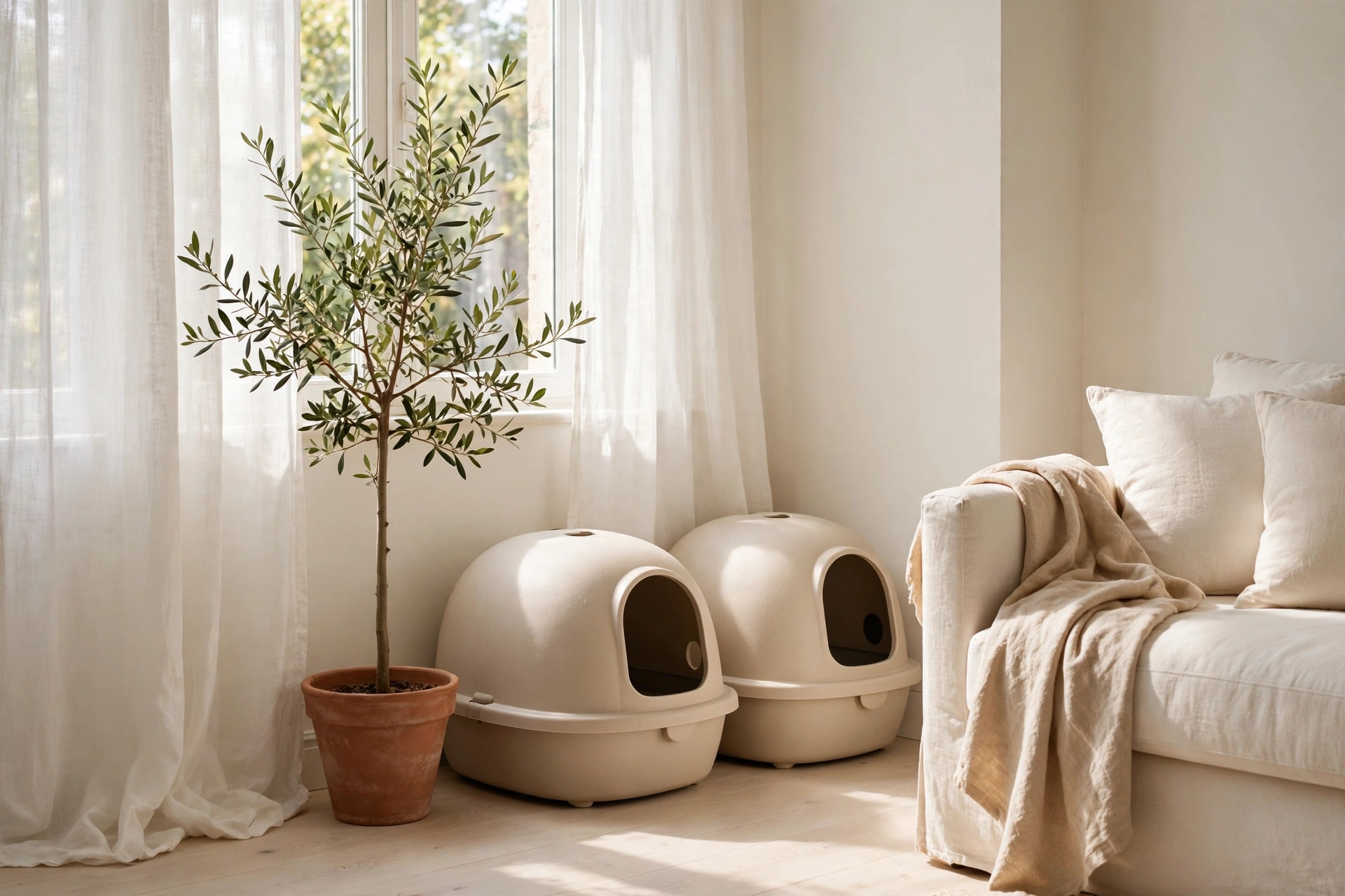Beige hooded dome cat litter enclosures in a sunlit corner near a window