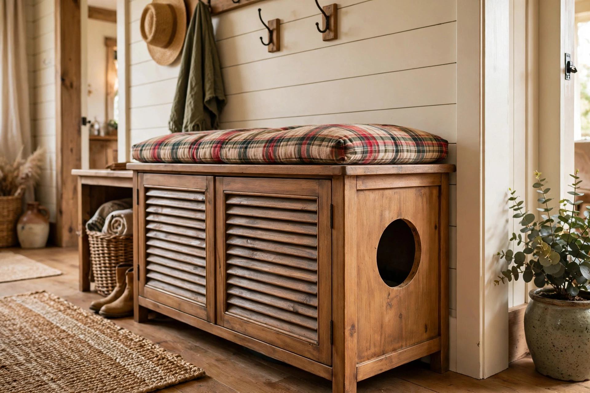 Rustic farmhouse bench with louvered doors hiding a cat litter box in an entryway