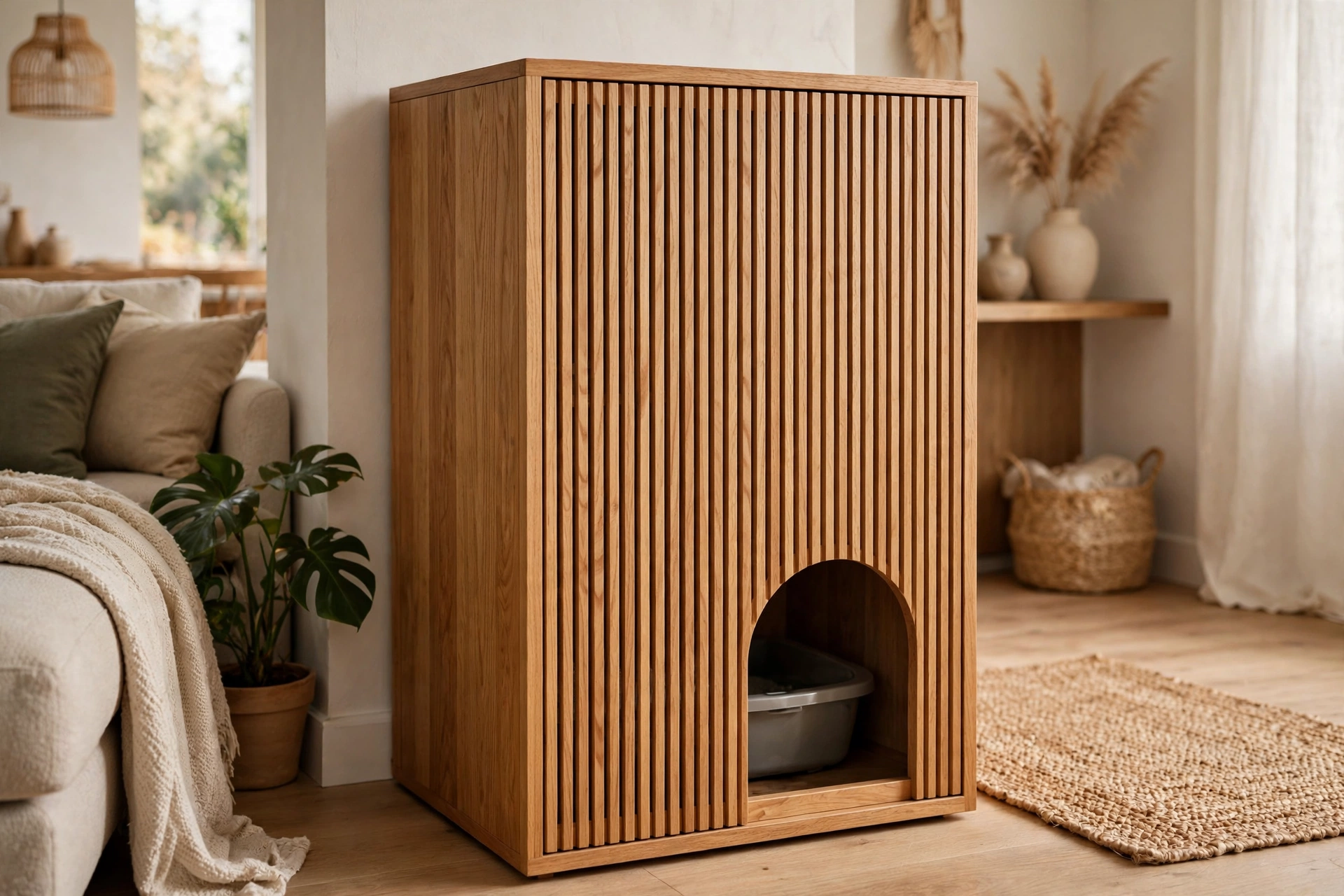 Honey-oak slatted wooden cabinet enclosing a hidden cat litter box