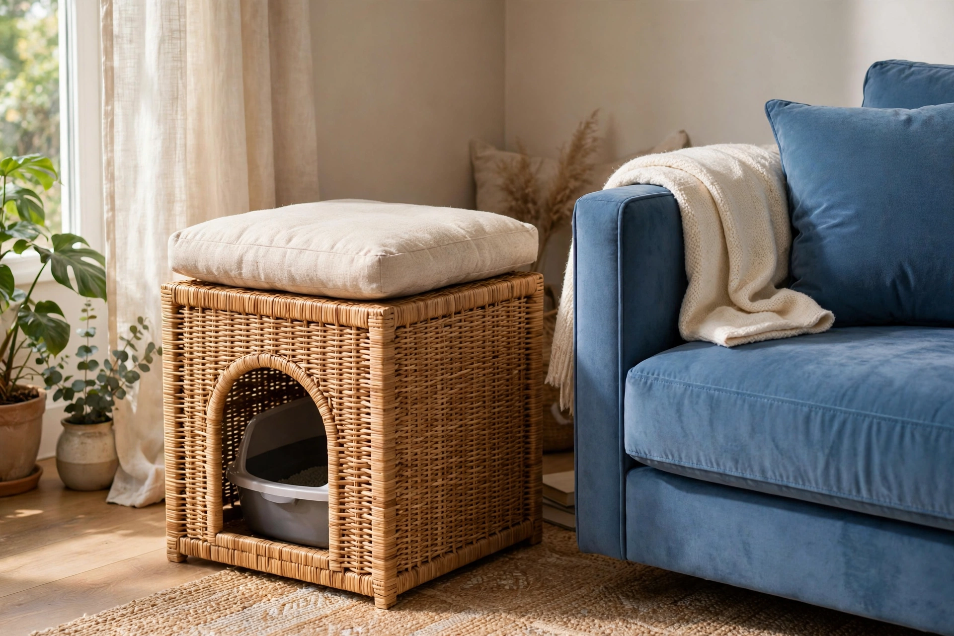 Woven rattan cube side table hiding a cat litter box beside a sofa