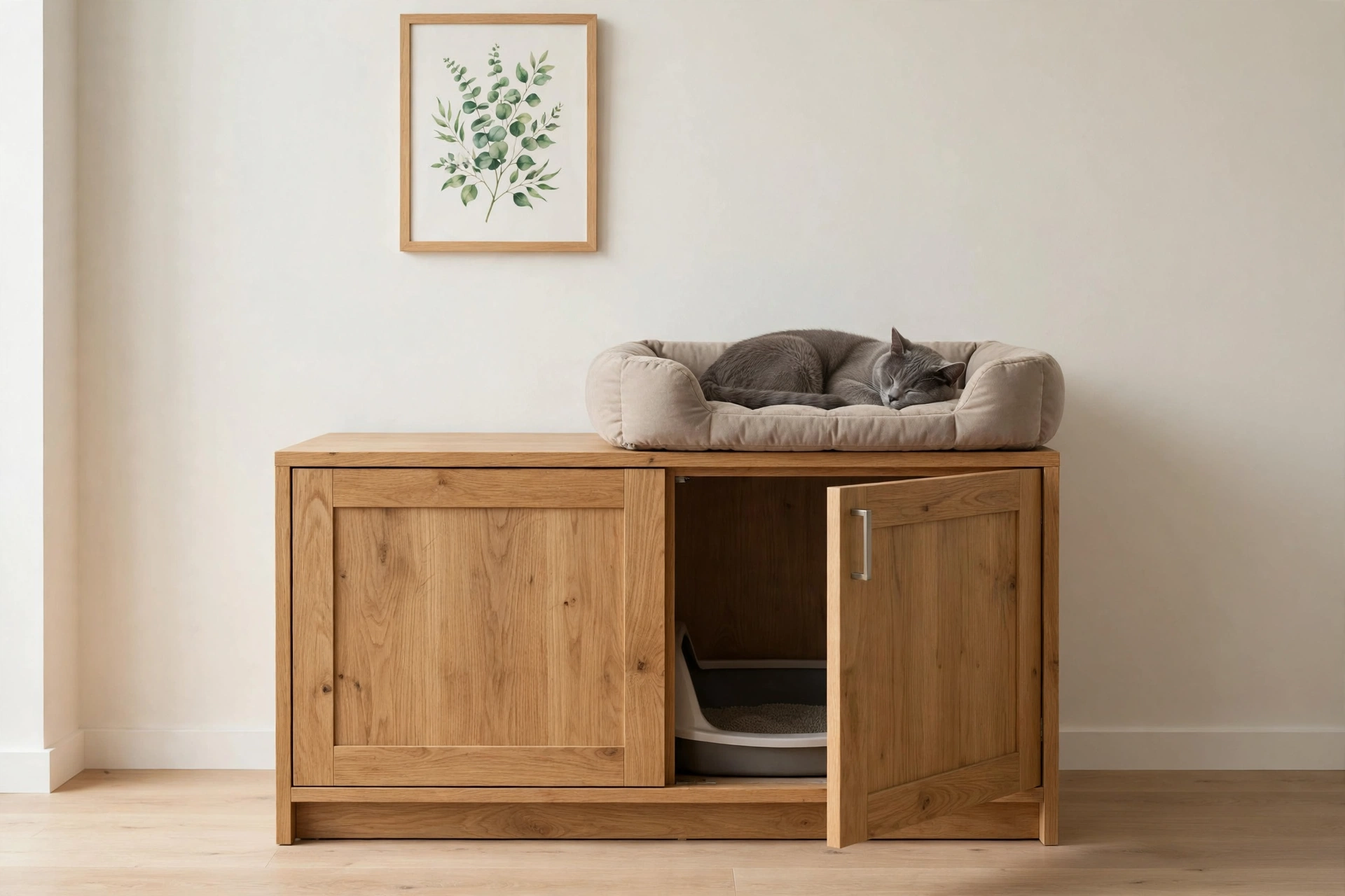 Oak cabinet enclosing a cat litter box with a padded perch on top and wall art above