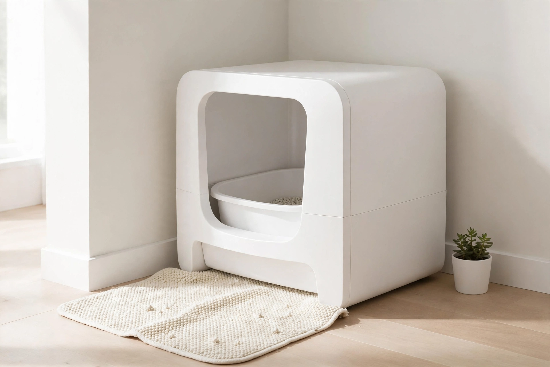 All-white modern cat litter box station in a bright room corner