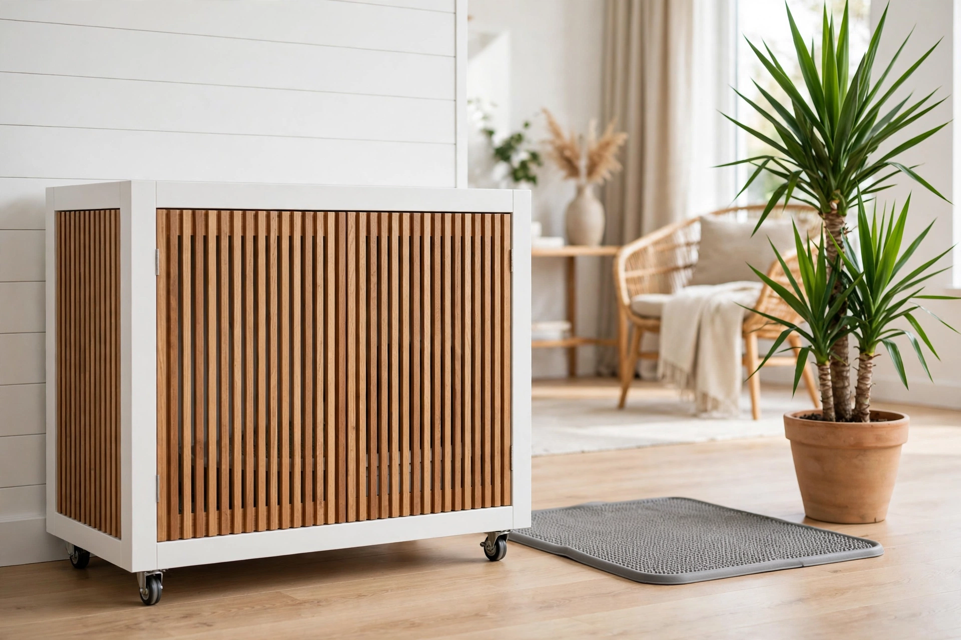 White and wood slatted cabinet on caster wheels hiding a cat litter box with a plant beside it