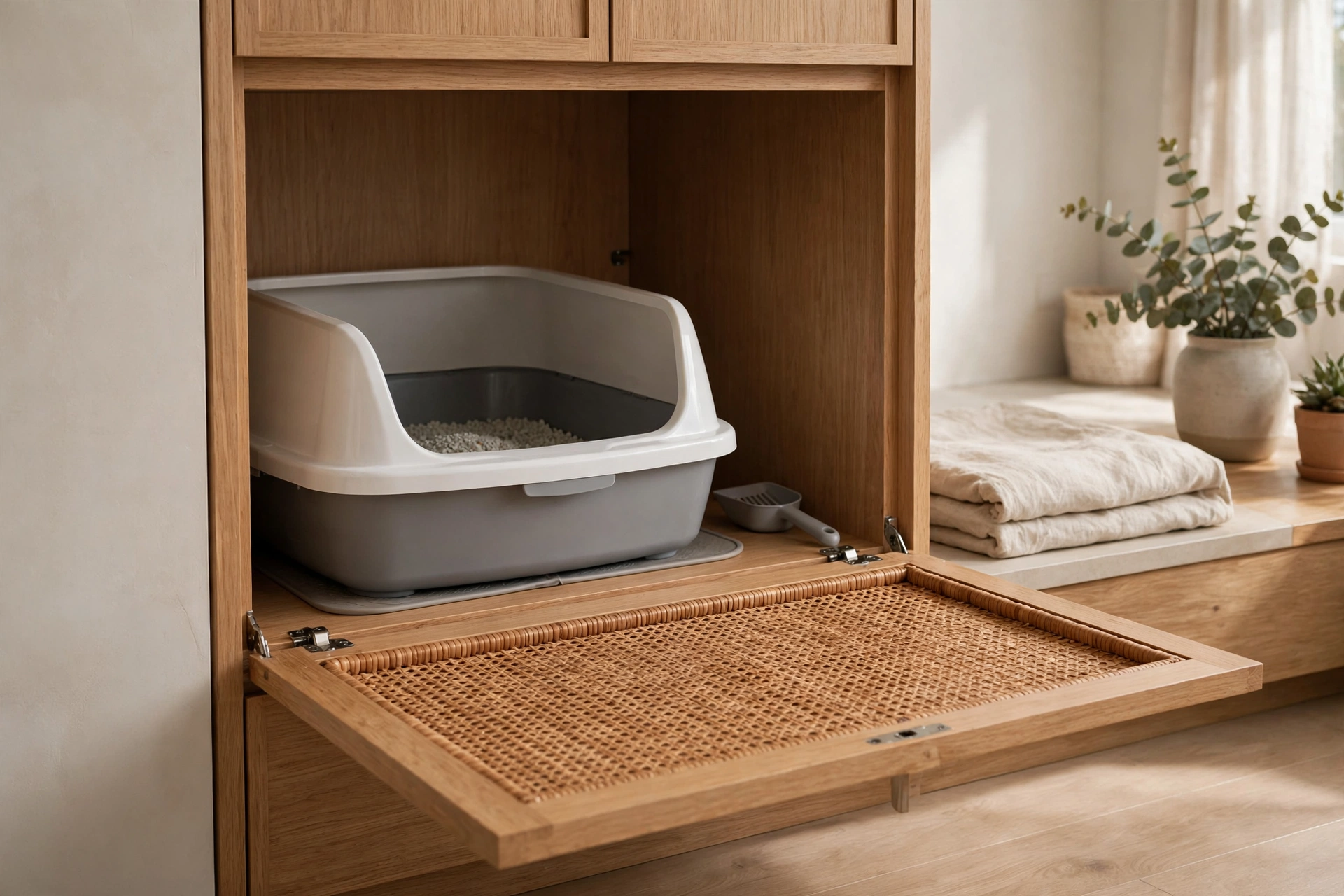 Open wooden cabinet with drop-down rattan door revealing a litter box inside