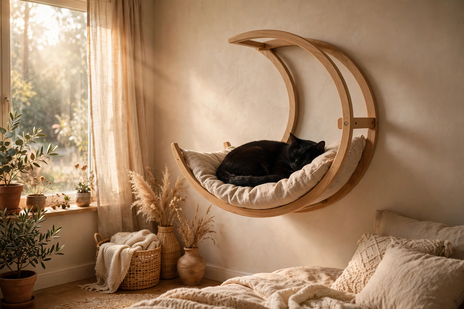 Crescent-moon-shaped wooden cat hammock shelf on a wall