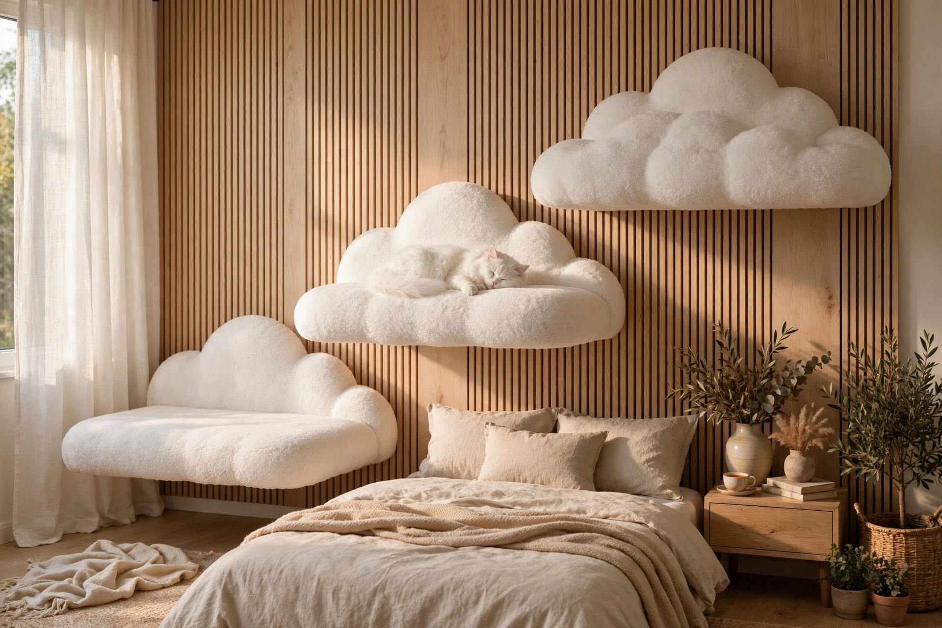 Wide upholstered floating platforms staggered on a wall