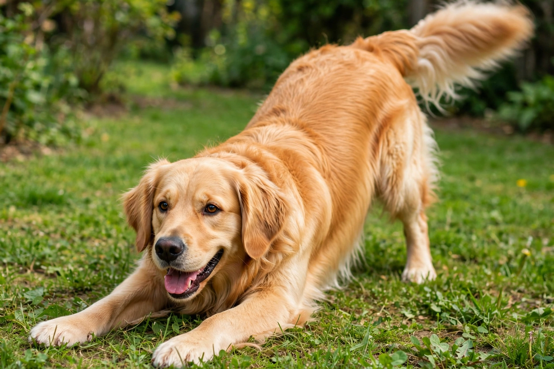 Dog in a play bow position on the grass