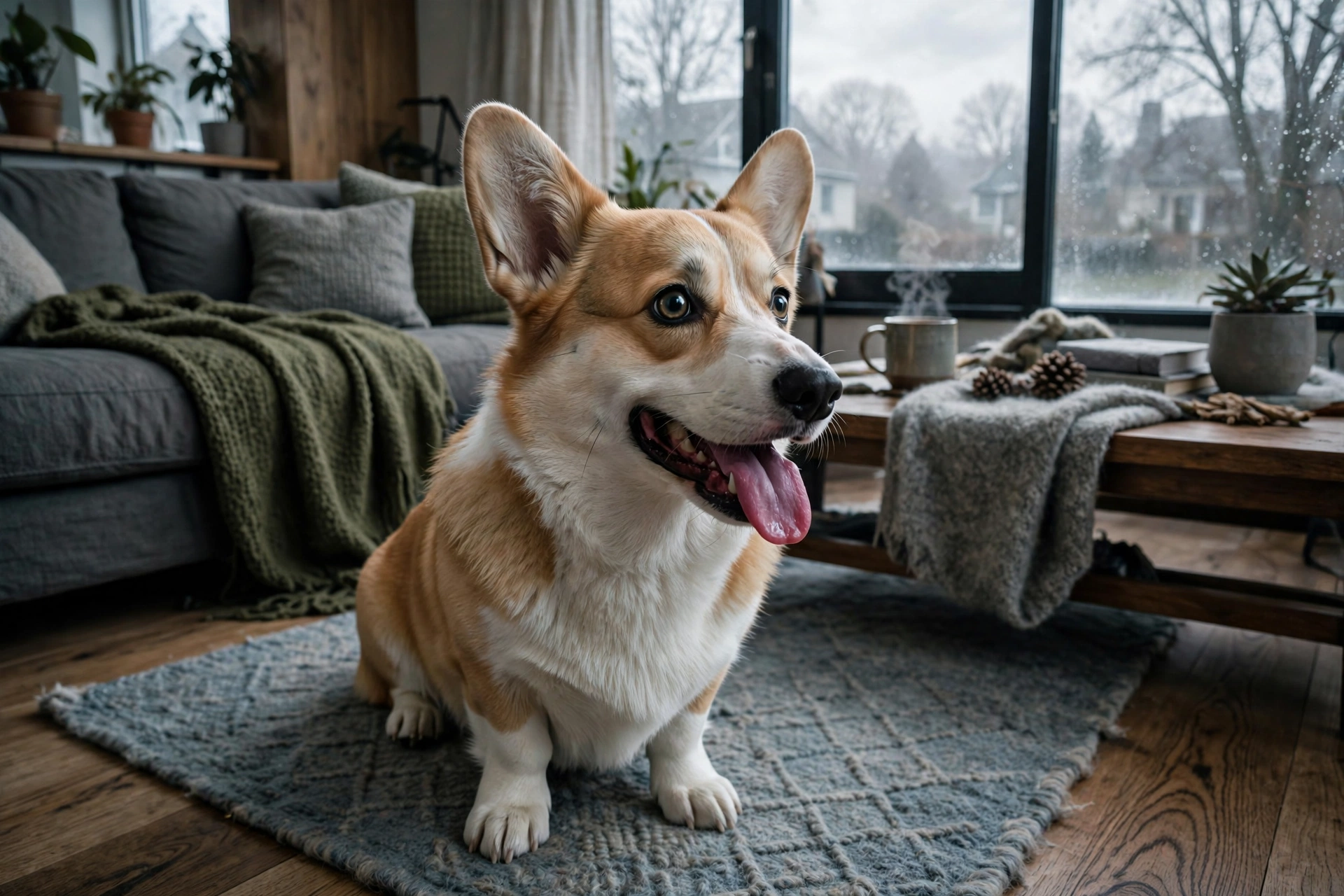 Dog panting indoors on a cool day