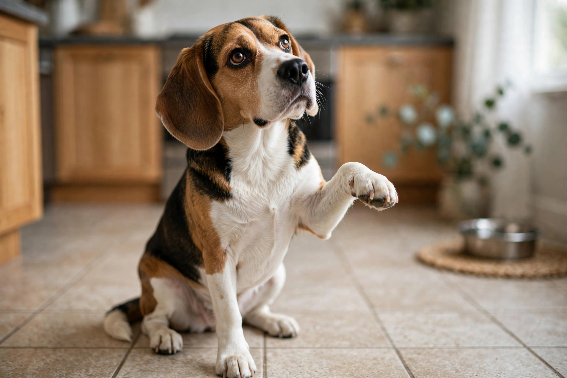 Dog lifting one front paw while sitting