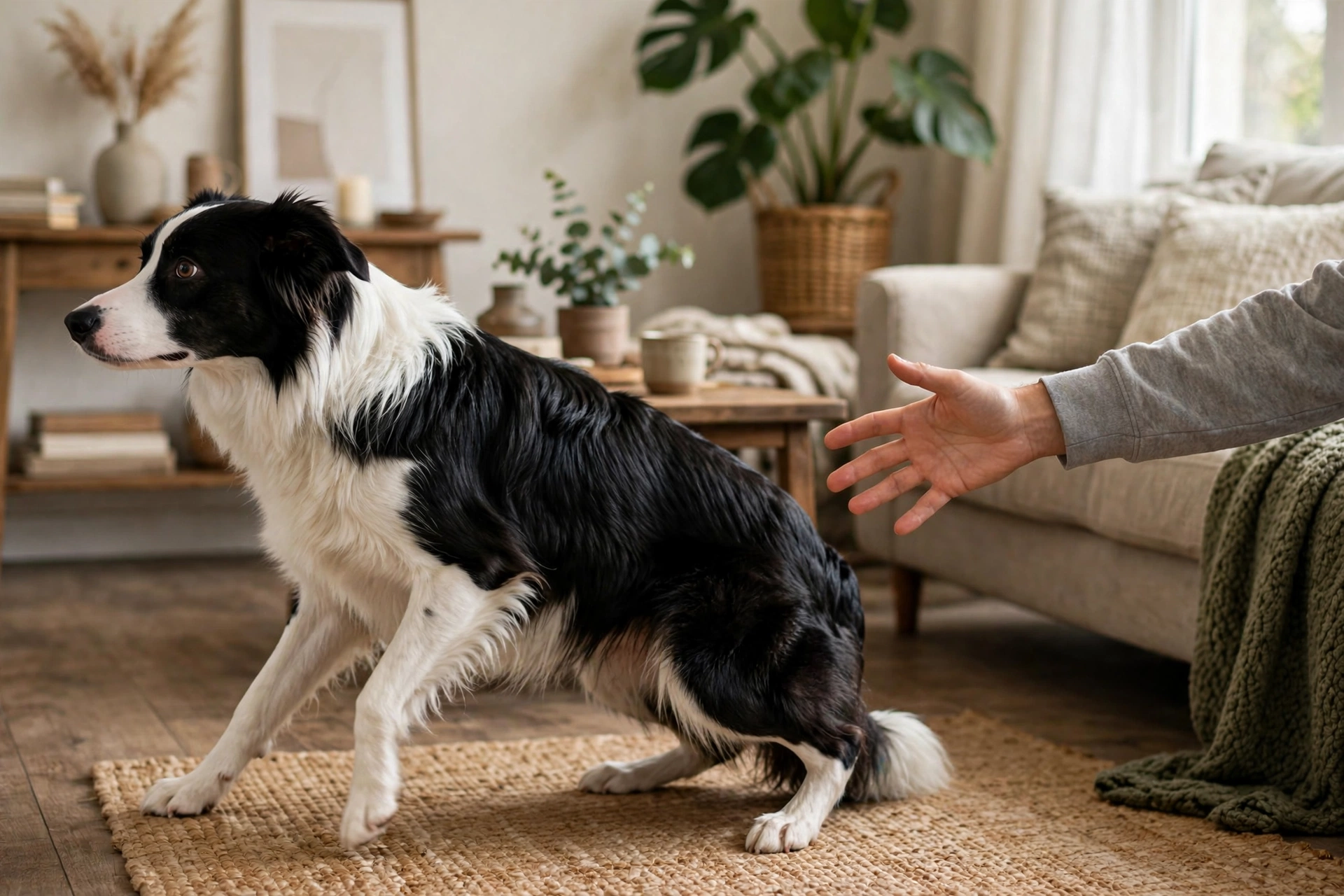 Dog leaning its body away from an outstretched hand