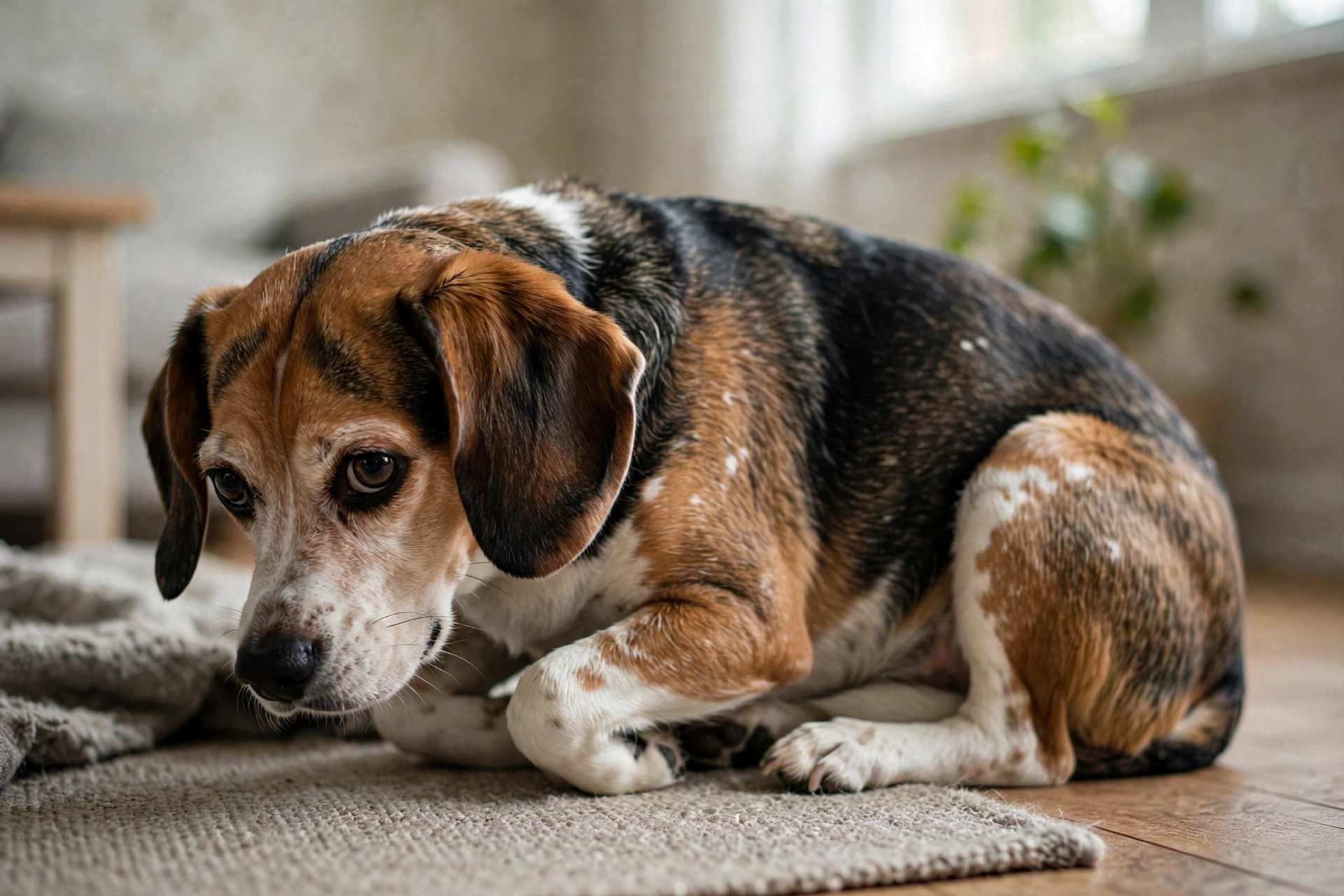 Nervous dog with tail tucked between its legs