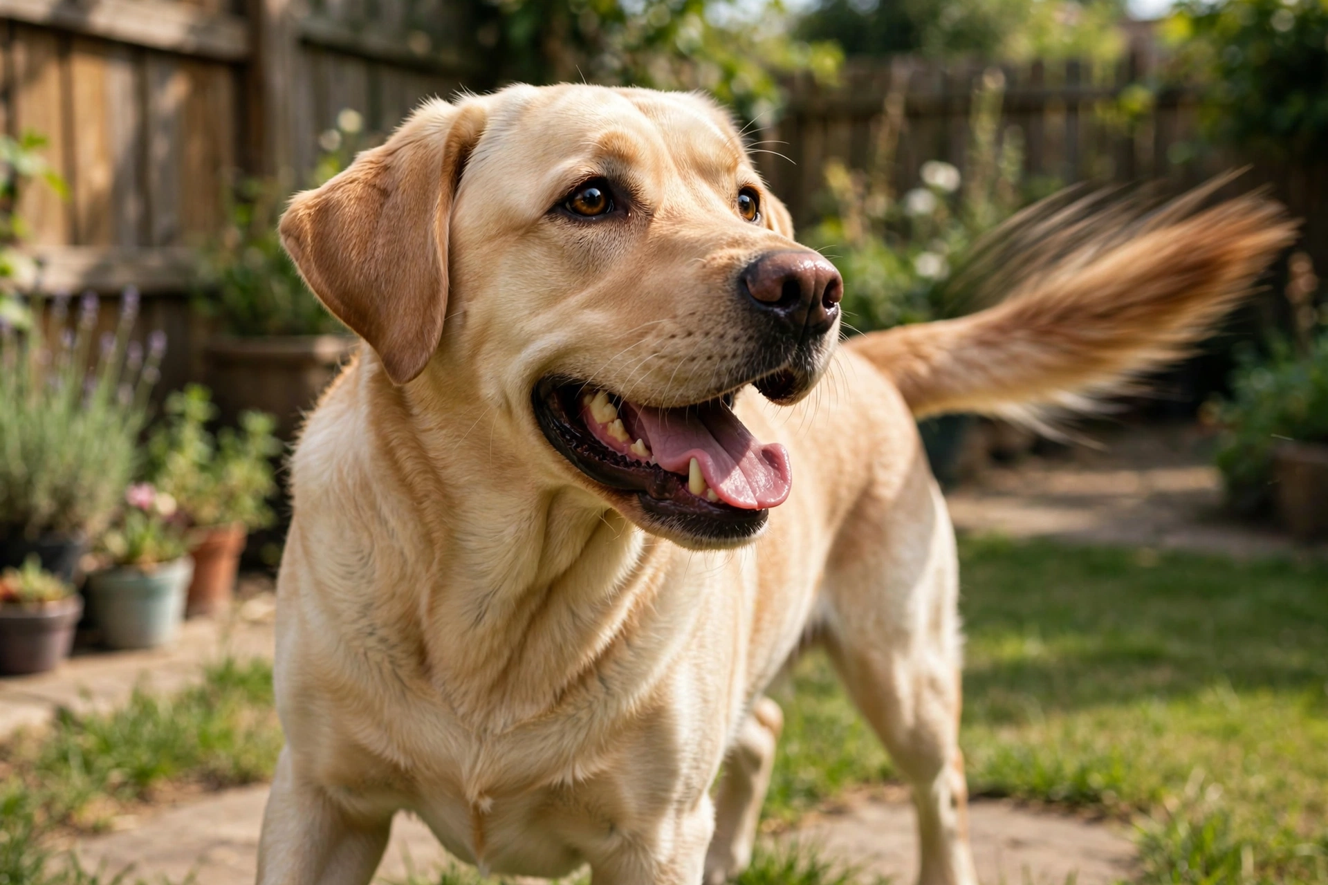 Happy dog wagging its tail quickly in the backyard
