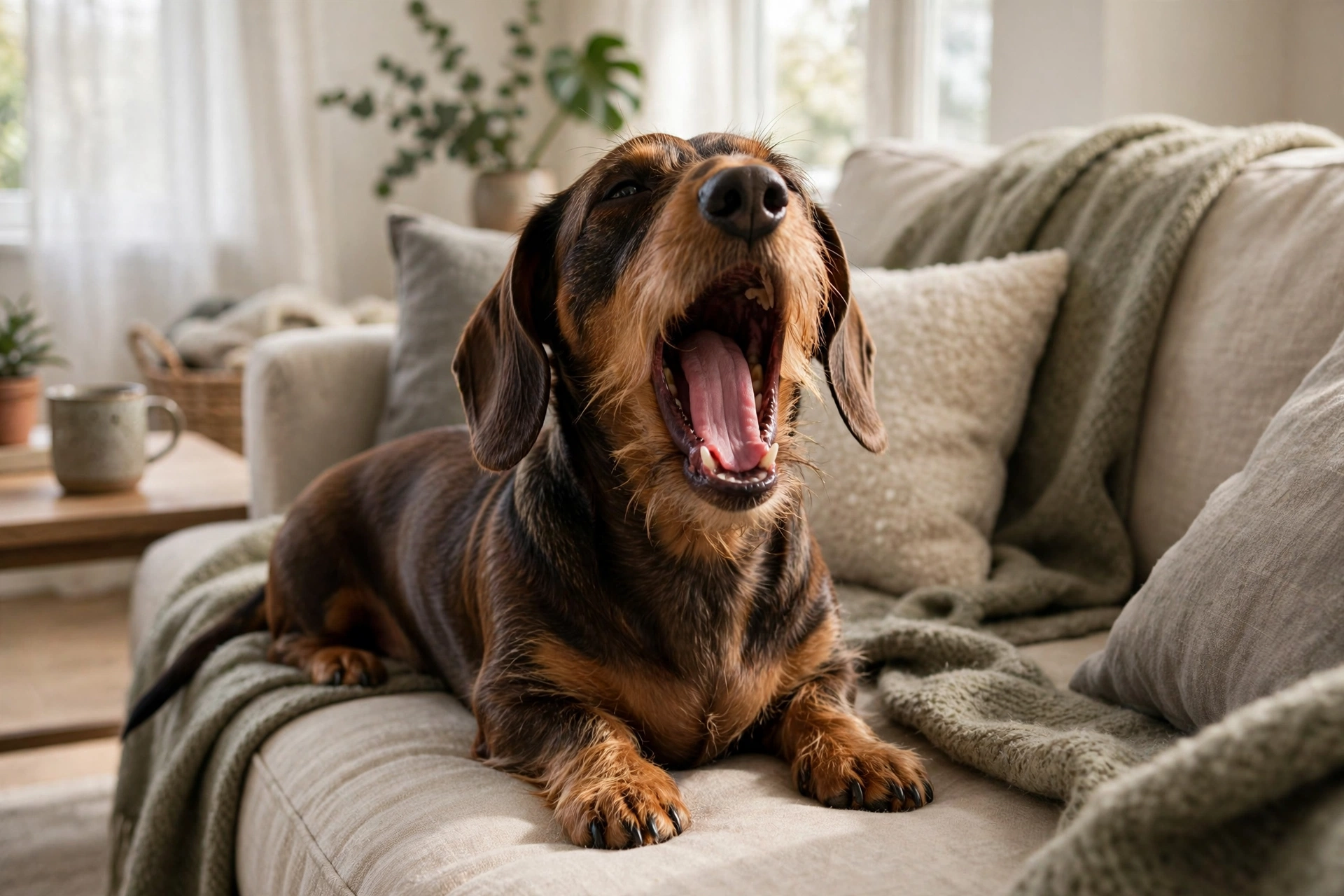 Dog yawning widely on the couch