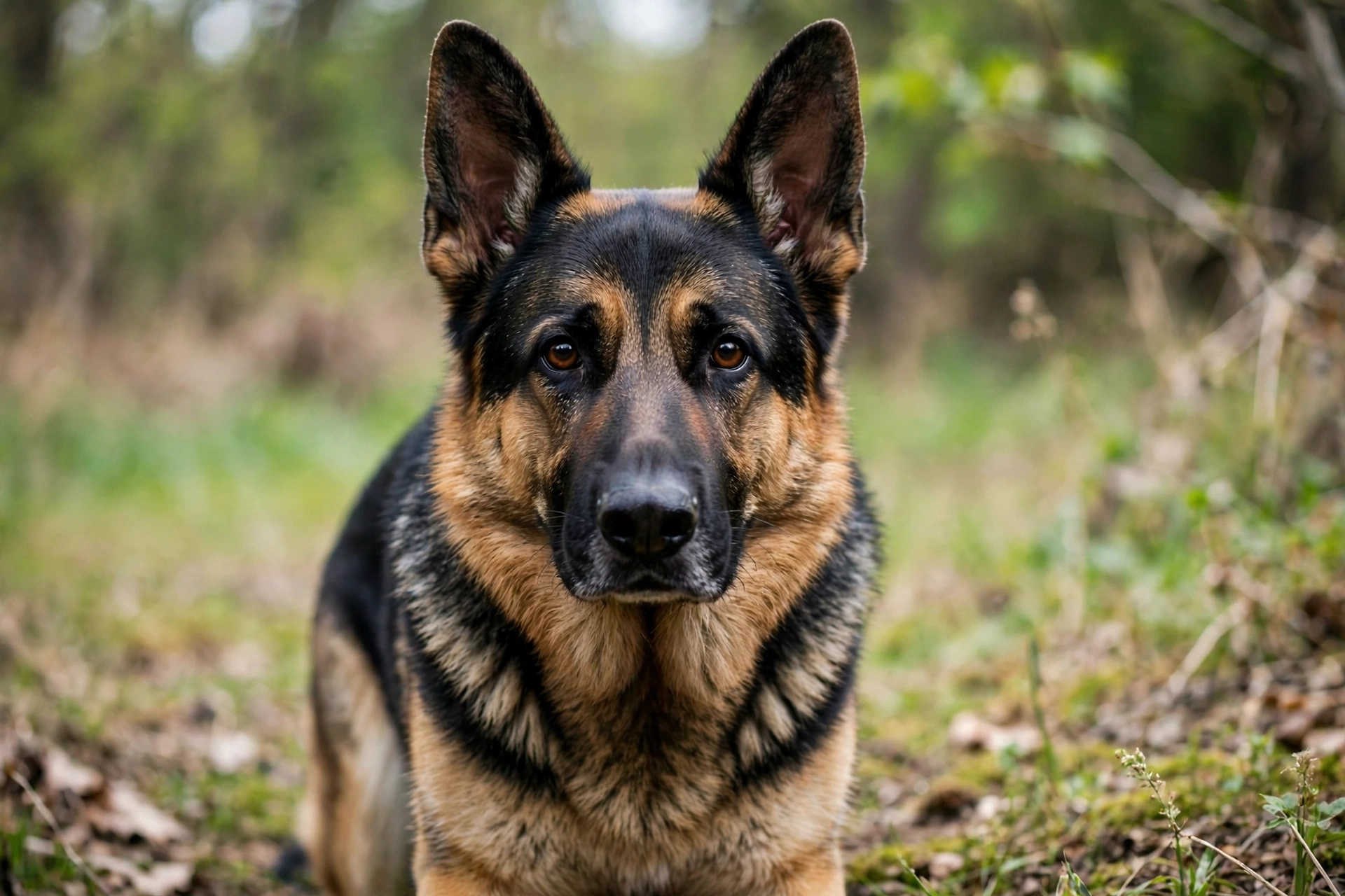 Alert dog with ears perked straight forward