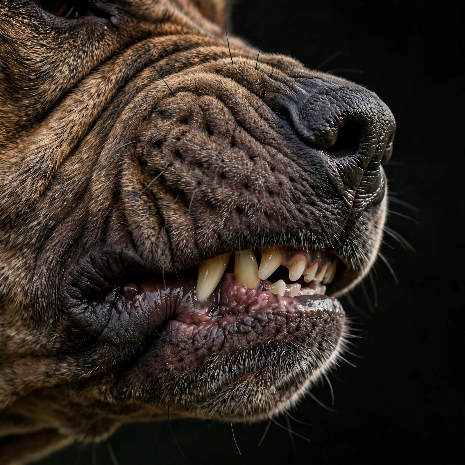 Close-up of a dog showing its teeth with curled lips
