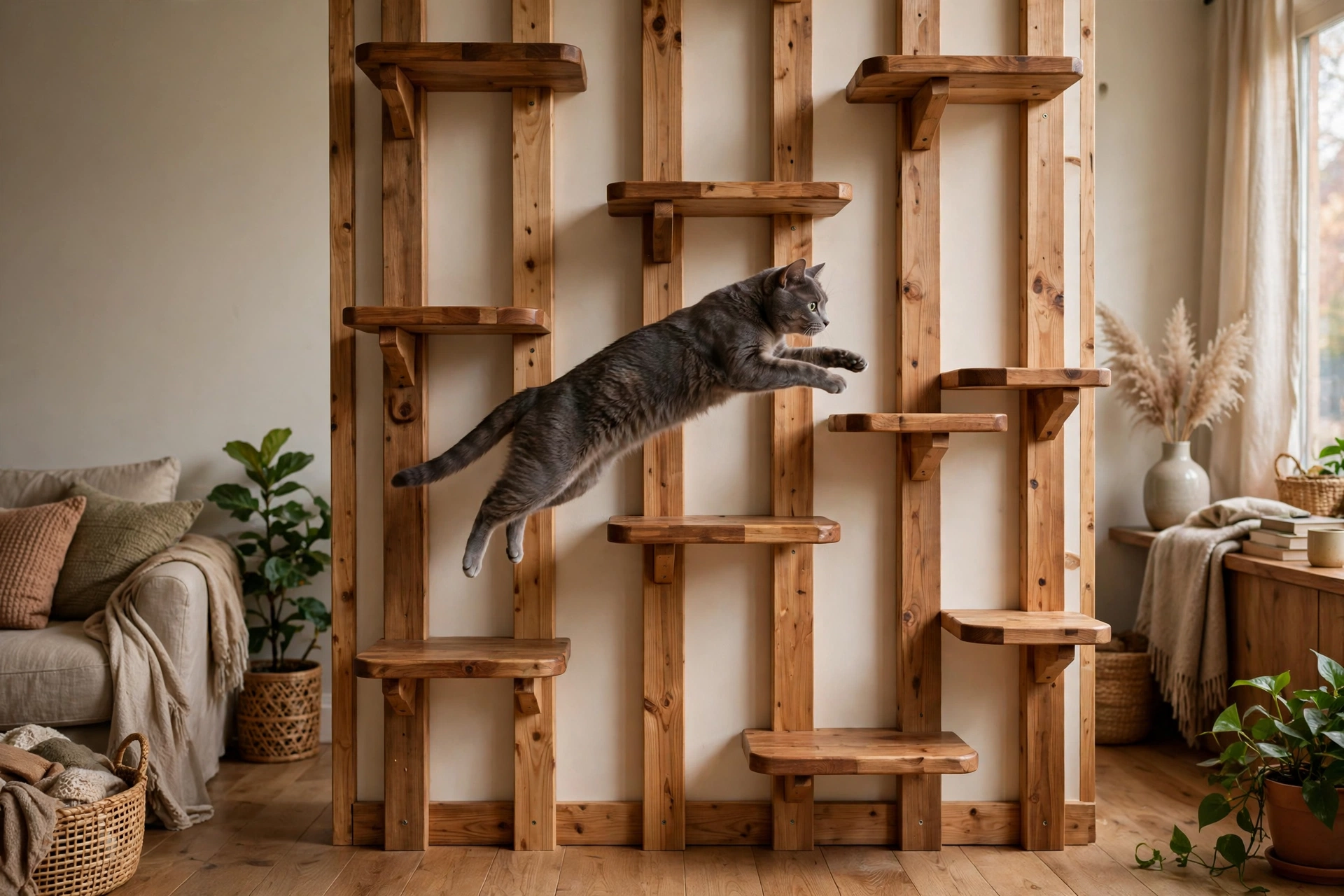 Floor-to-ceiling cat climbing wall with vertical posts and platforms
