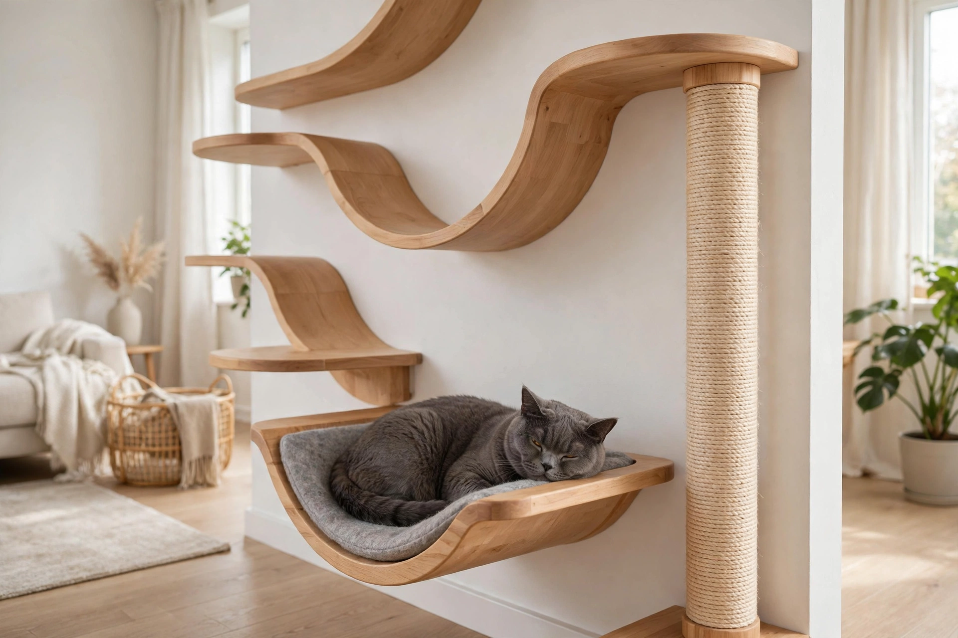 Curved wooden cat lounge shelves with a sisal scratching post