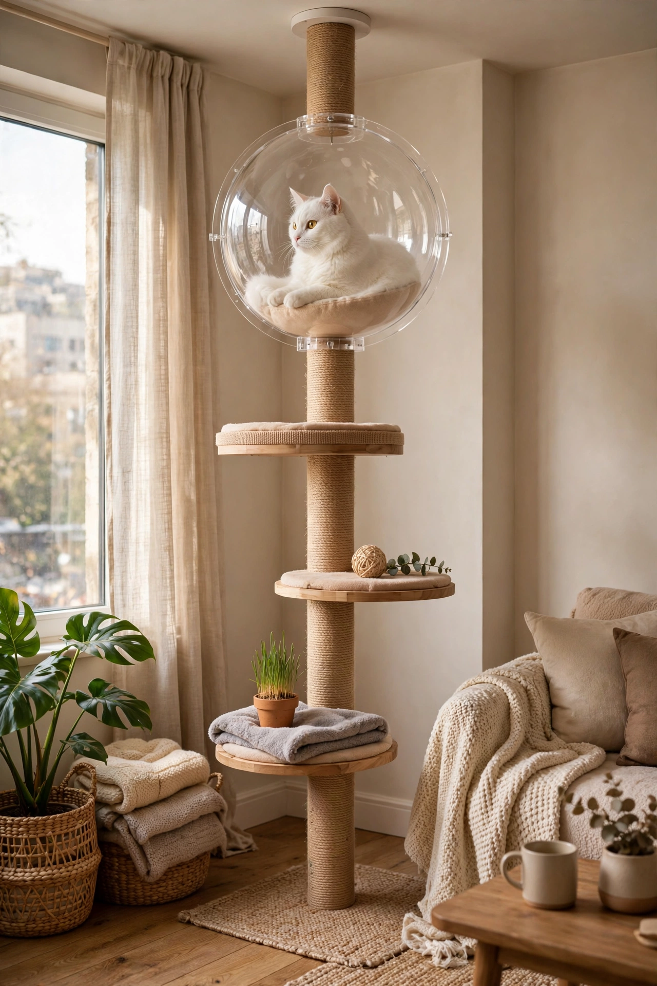 Floor-to-ceiling cat pole with platforms and a clear bubble bowl