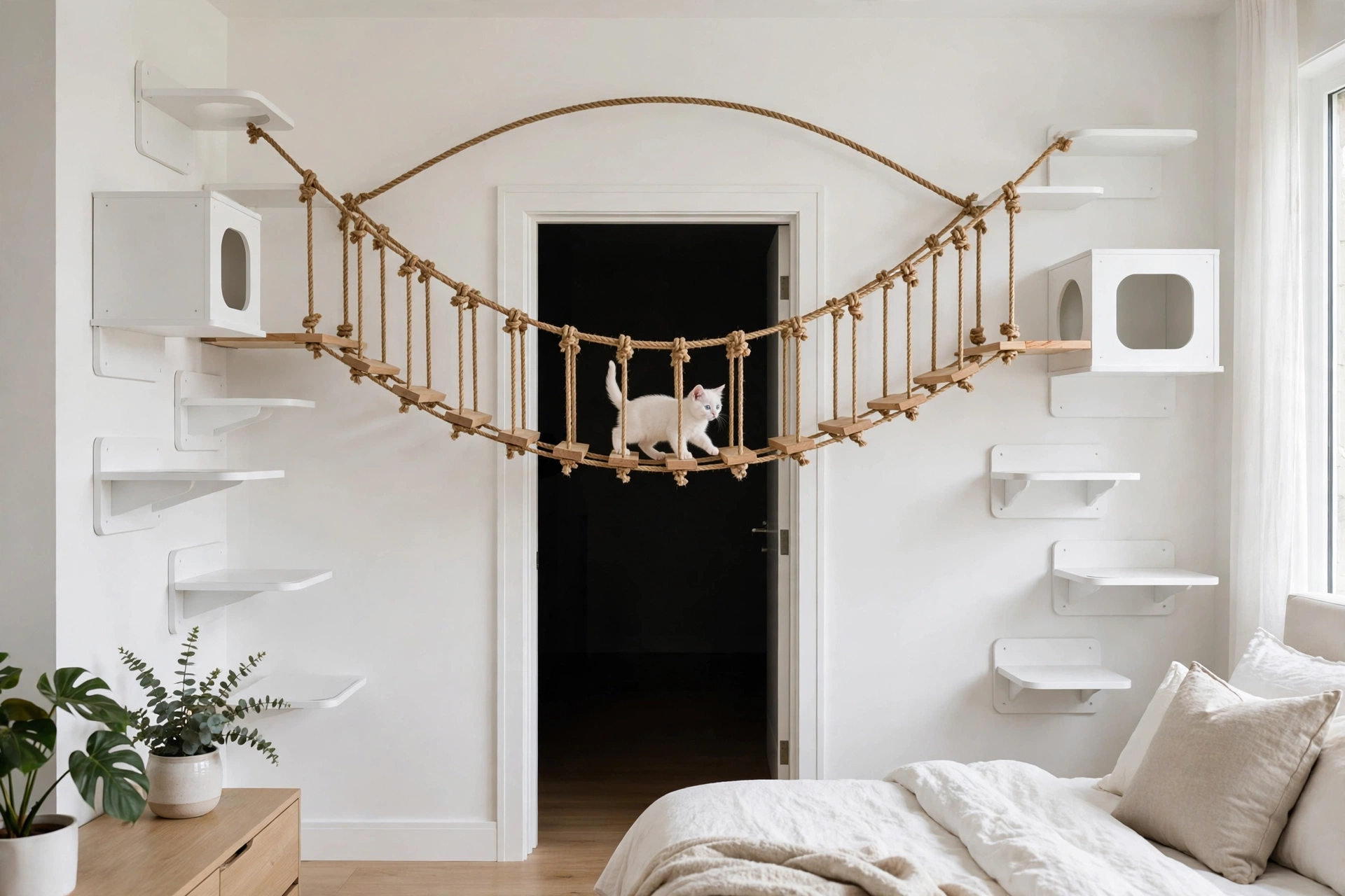 White cat bridge over a doorway connecting floating shelves