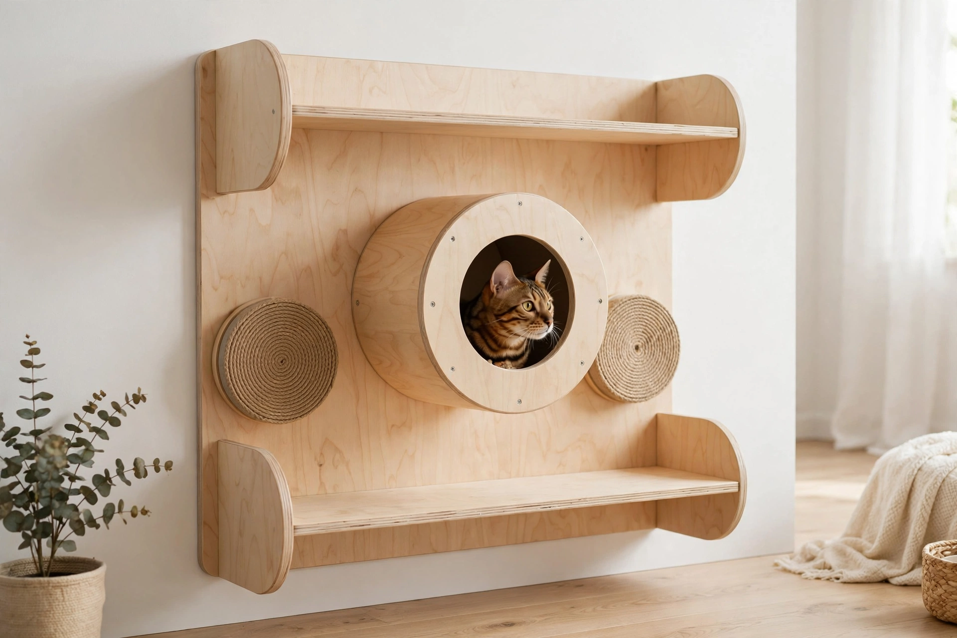 Birch plywood cat wall gym with circular hideout pod