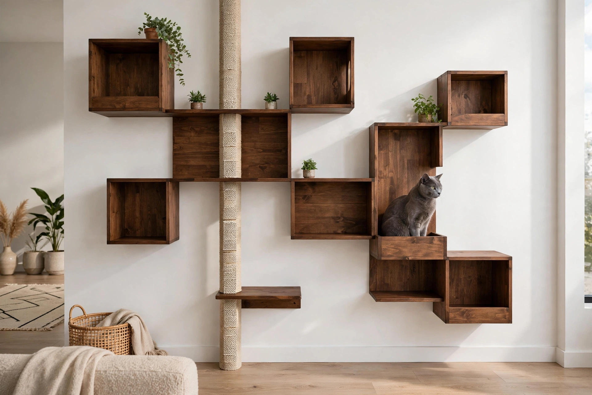 Modern asymmetrical wooden box cat shelves on a white wall