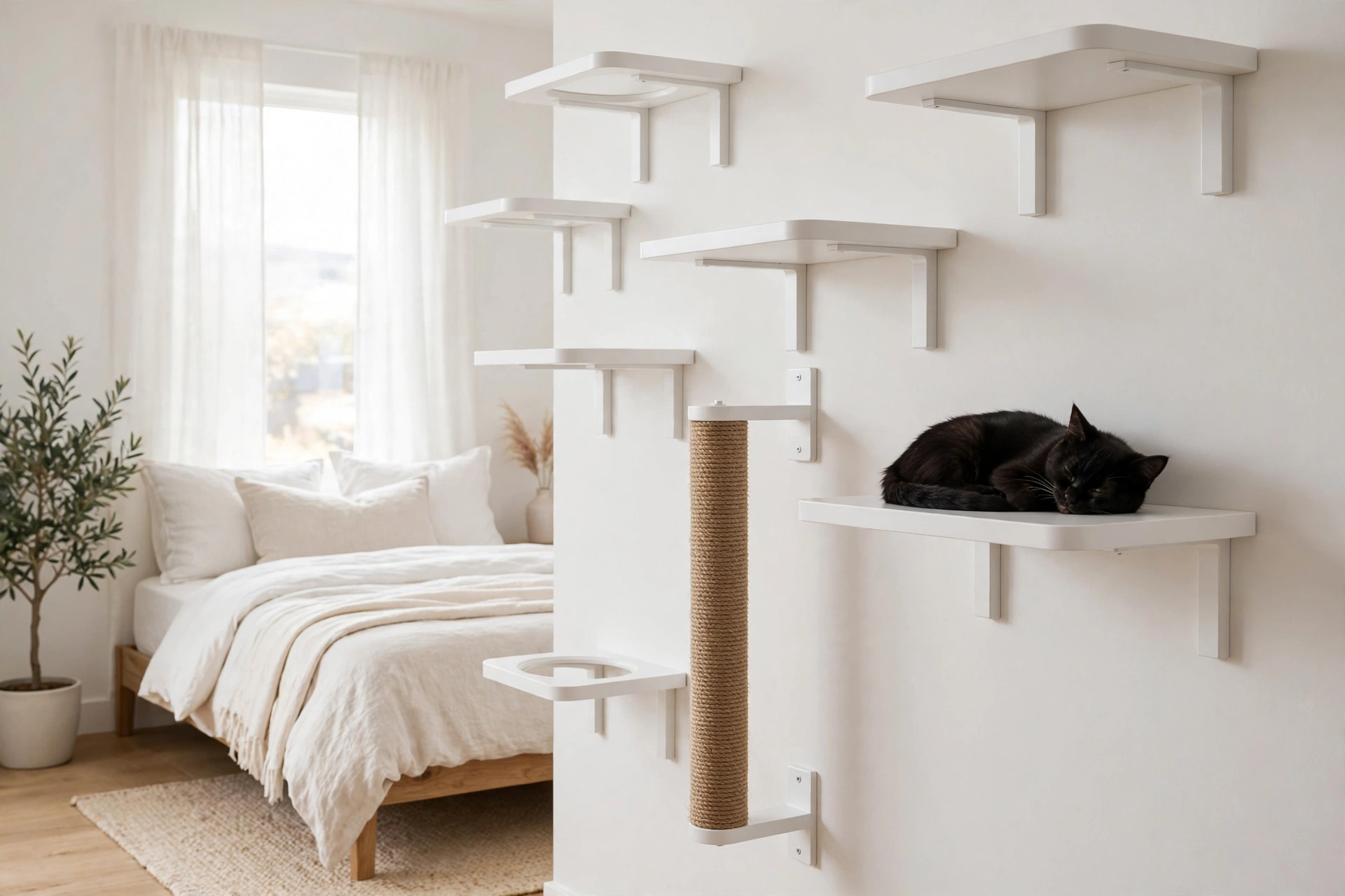 Sleek white wall-mounted cat climbing shelves in a modern bedroom