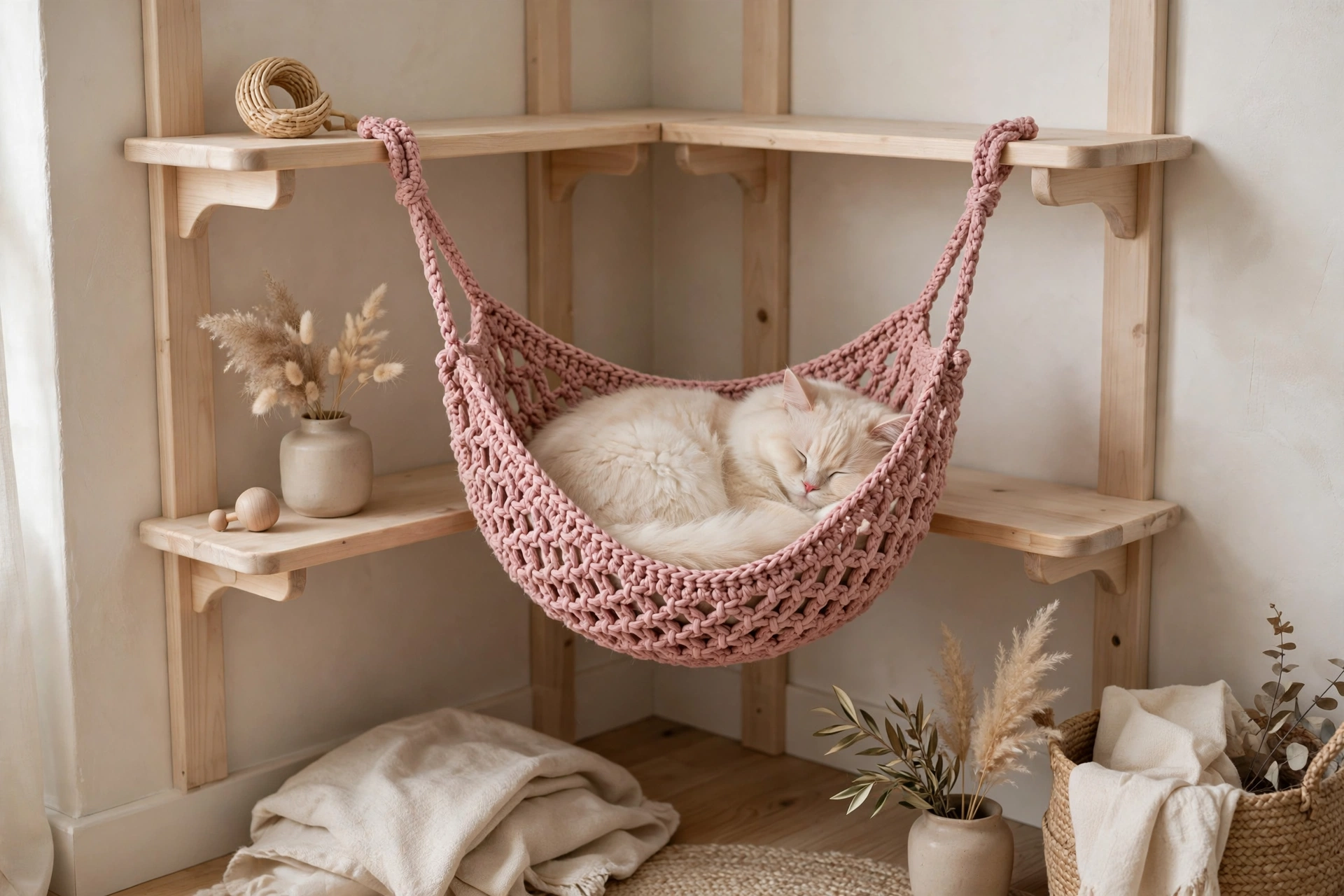 Corner cat shelves with a pink crocheted hammock basket