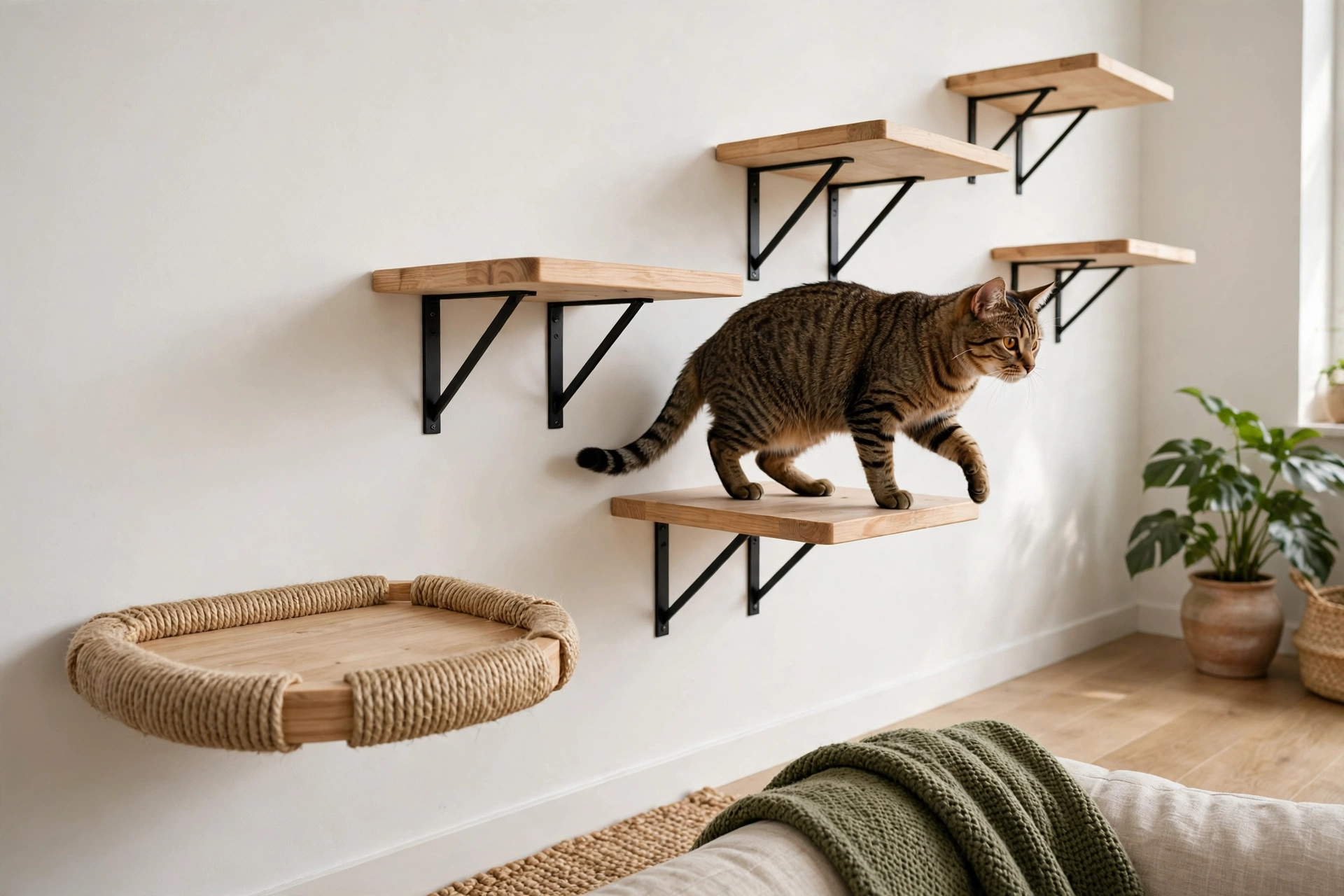 Floating cat platforms with triangle brackets on a white wall